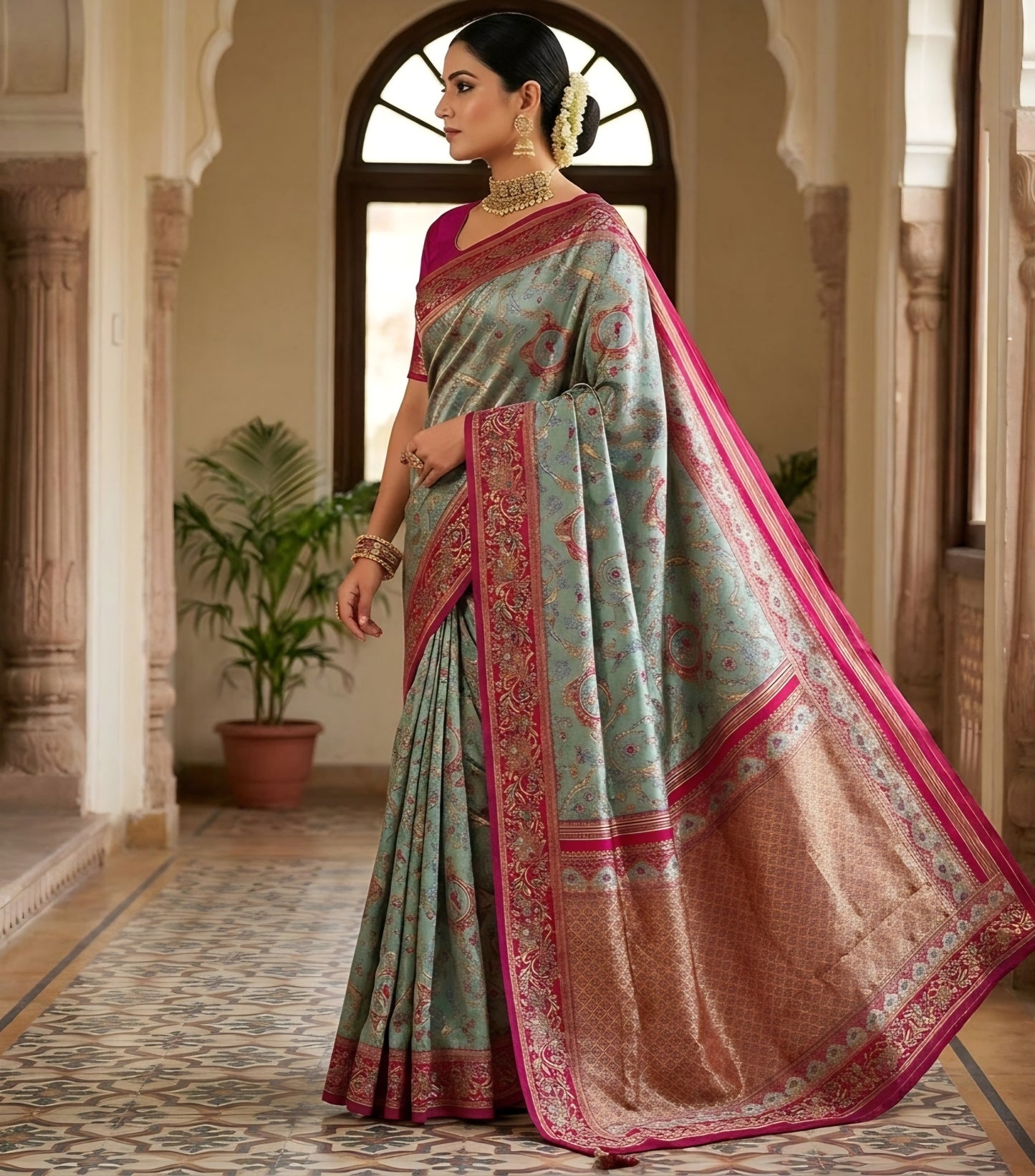 The Royal Sage & Crimson Kanjivaram Silk Saree