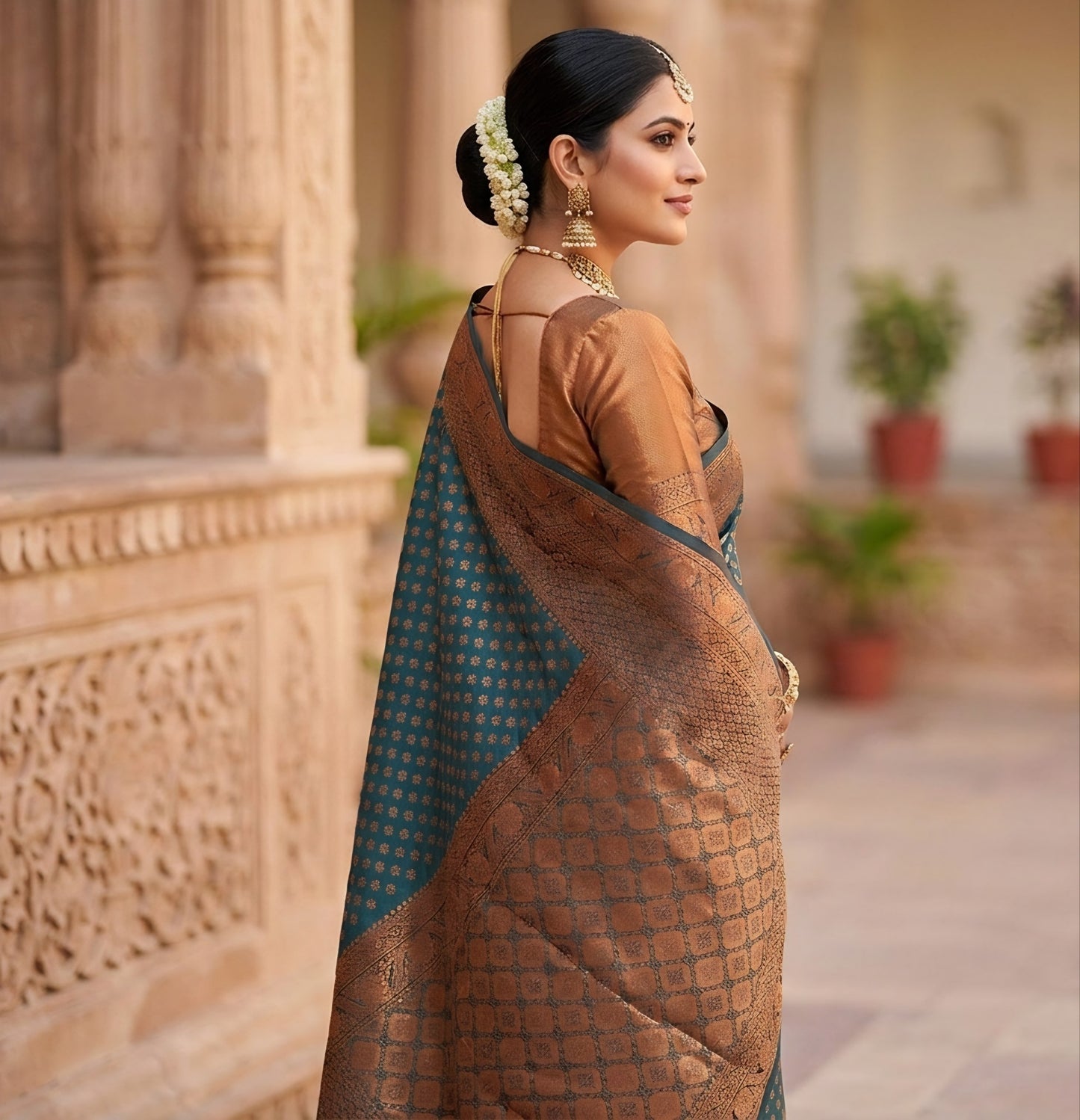 Midnight Teal Kanjivaram Silk Saree with Copper Zari Weave