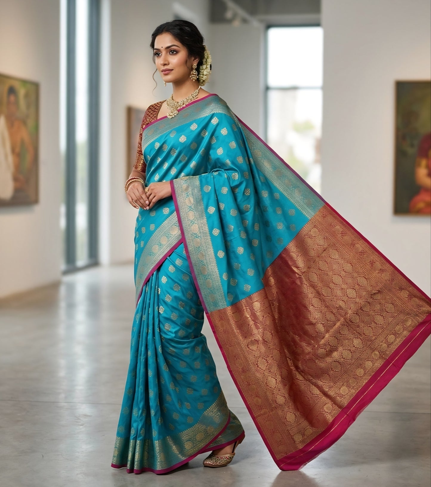 Heritage Turquoise Blue & Crimson Woven Silk Saree