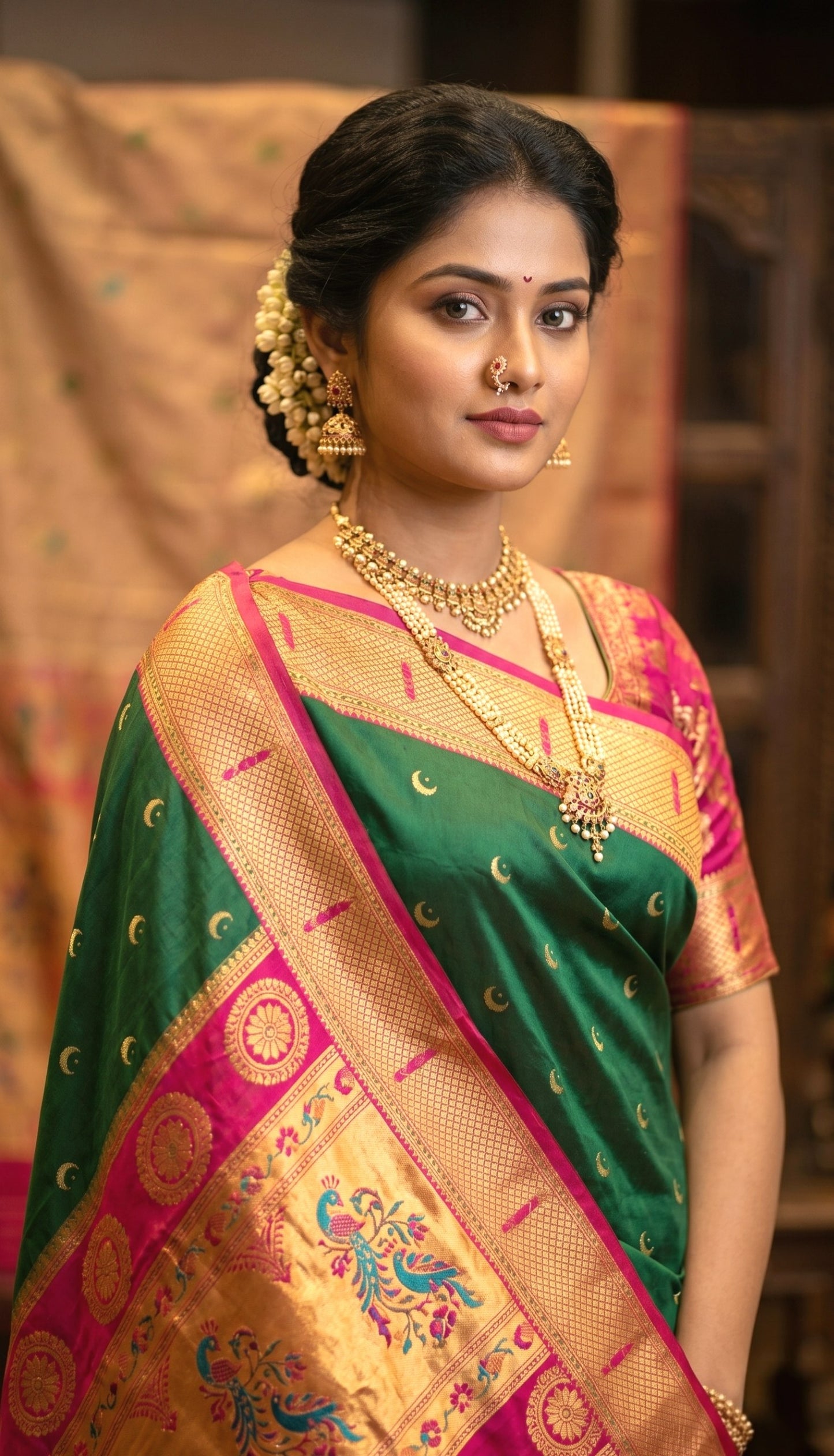 The Royal Emerald Green & Magenta Paithani-Style Silk Saree