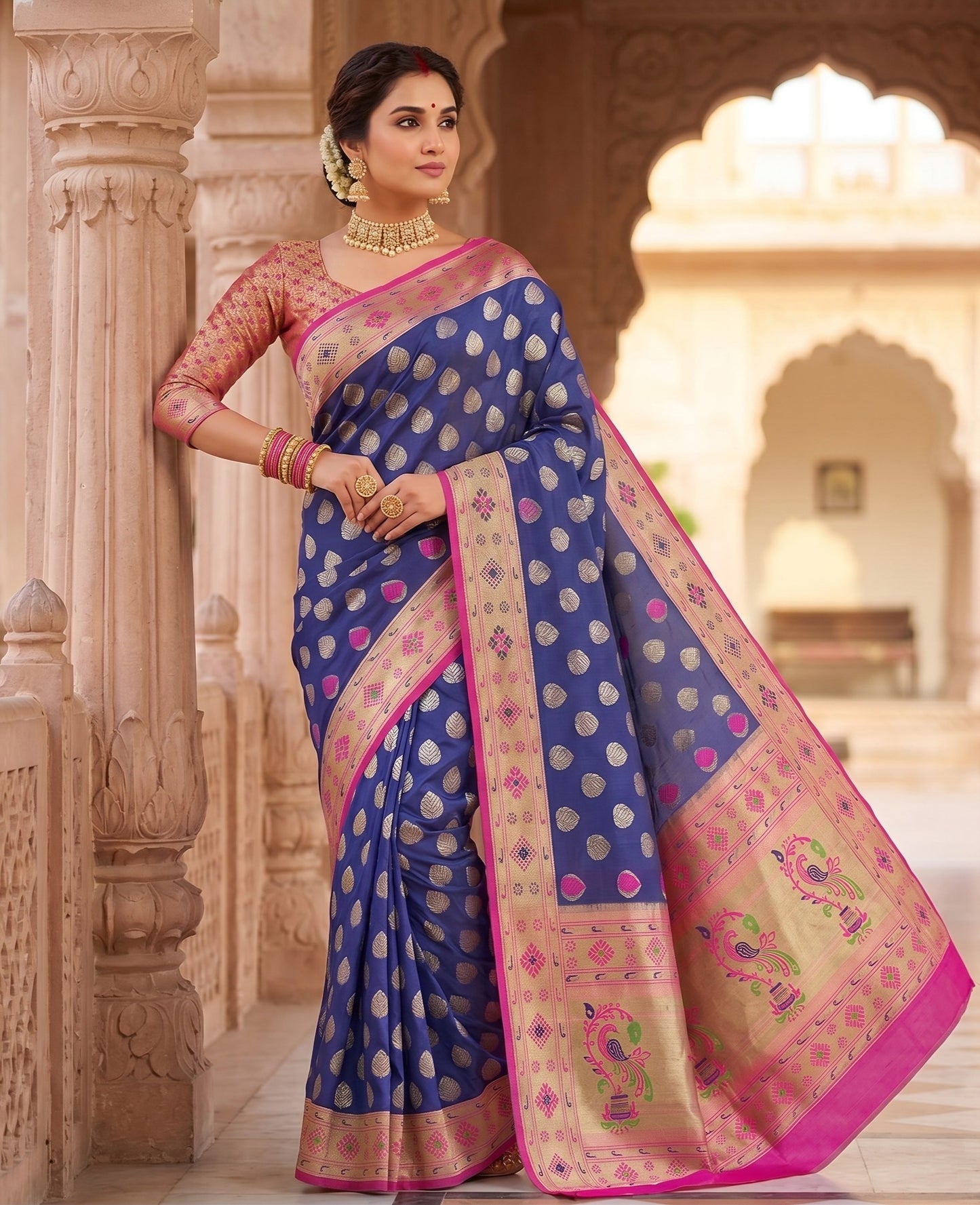 The Royal Royal Blue & Magenta Paithani-Style Silk Saree
