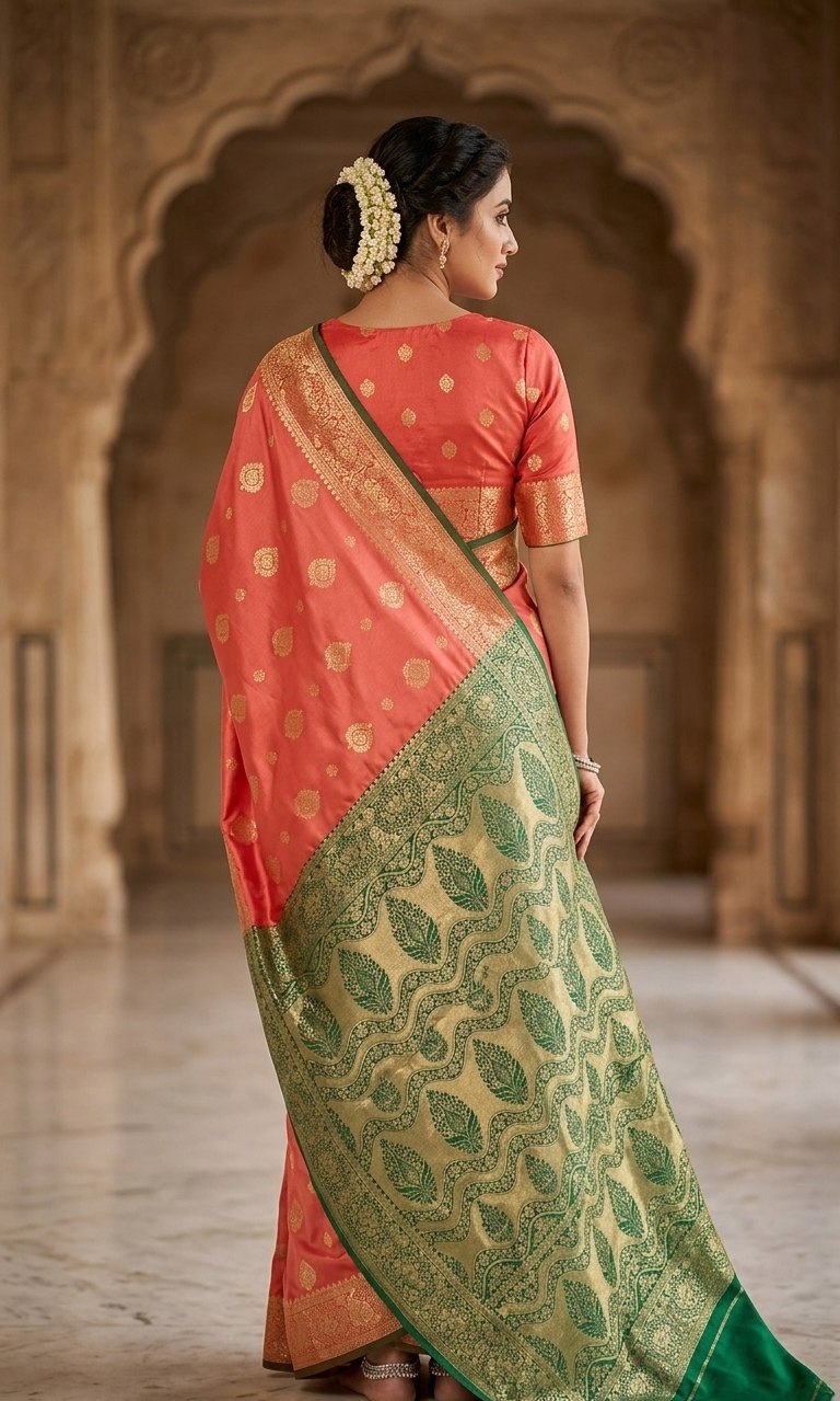 Vibrant Peach-Pink Silk Saree with Contrast Green & Gold Zari Pallu