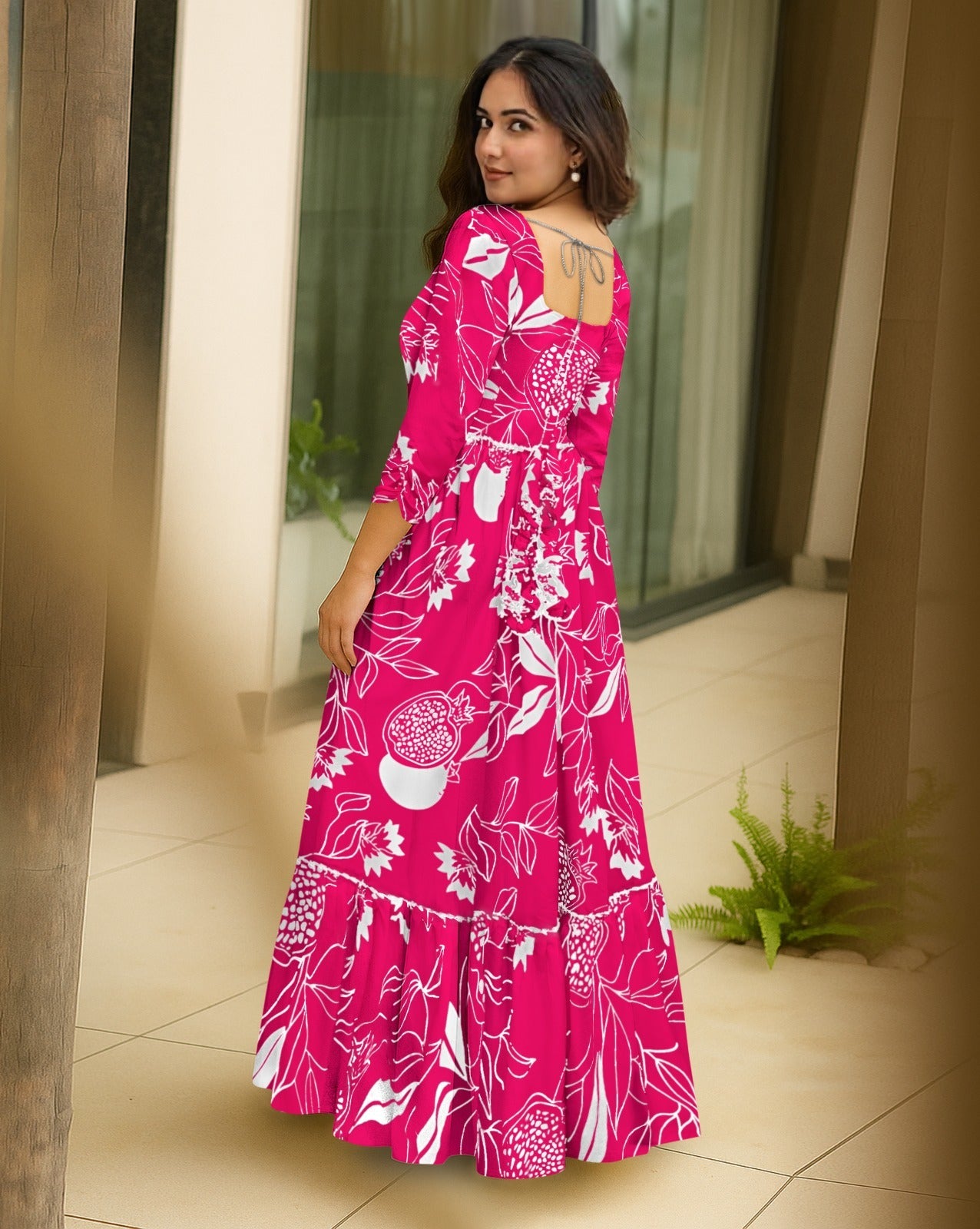 Fuchsia Pomegranate Square-Neck Flare Gown