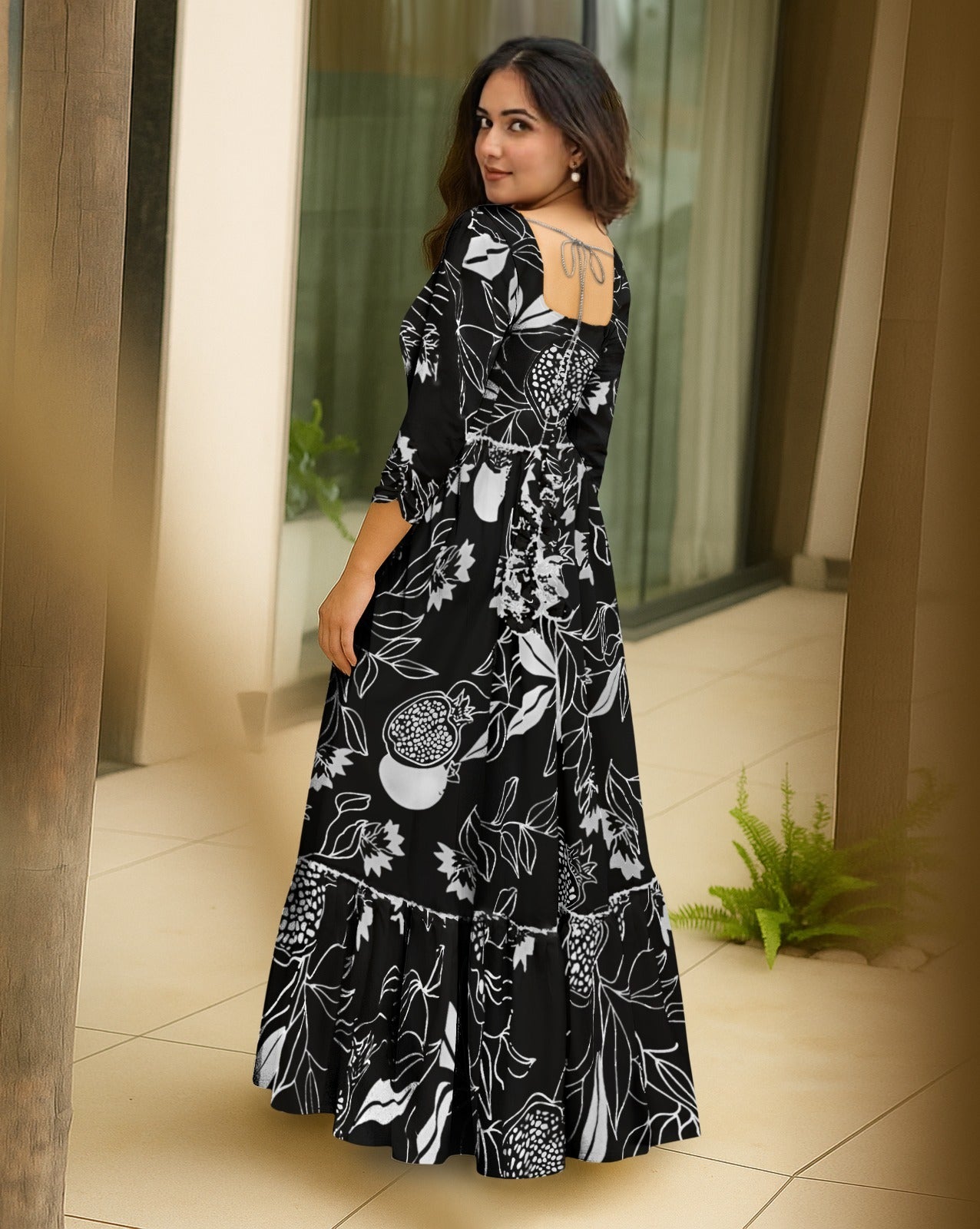 Monochrome Floral & Botanical Tiered Anarkali