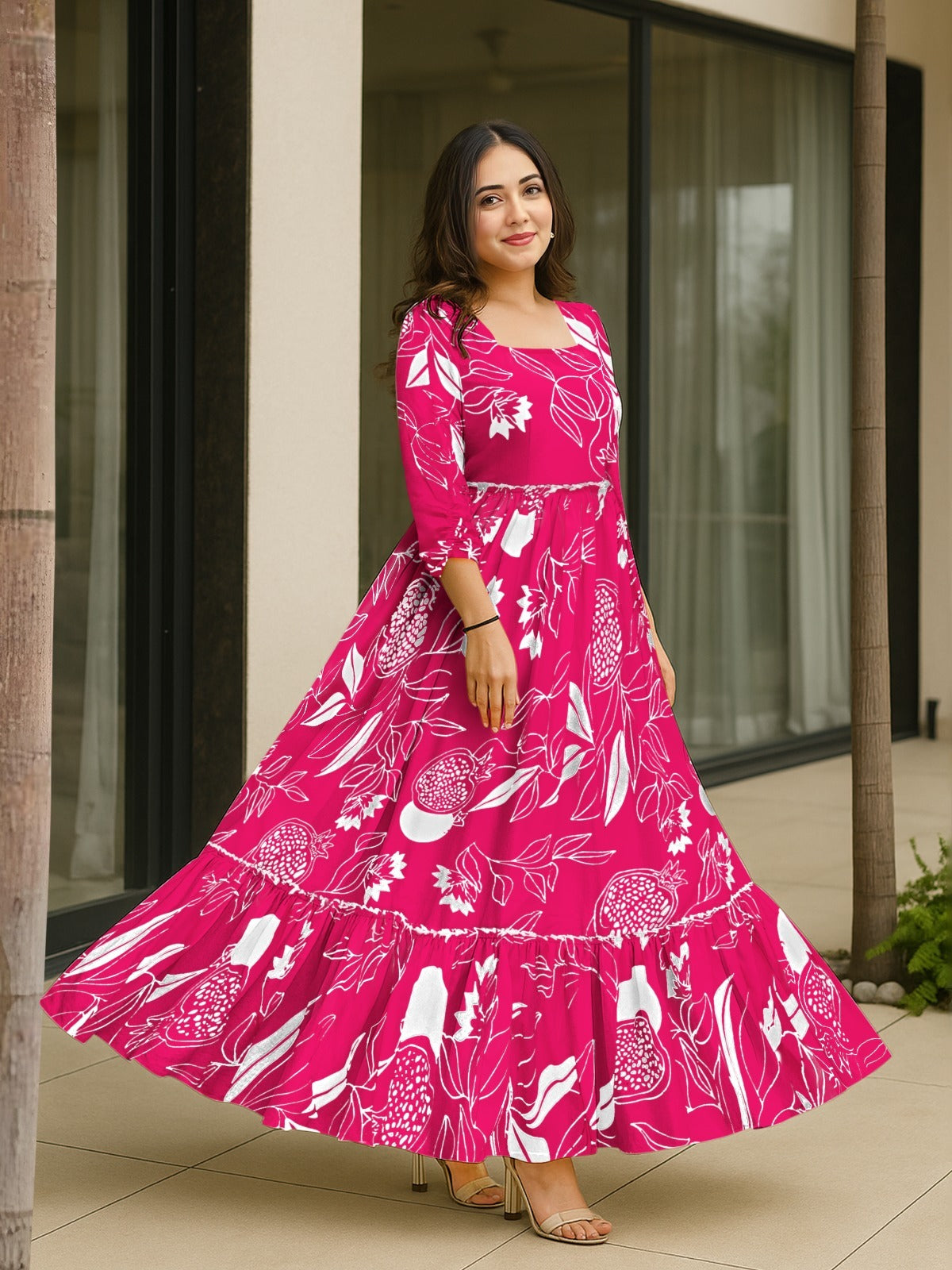 Fuchsia Pomegranate Square-Neck Flare Gown
