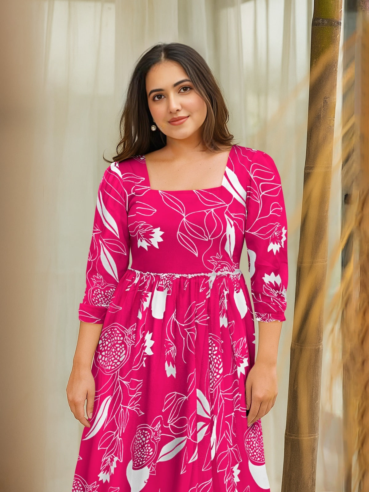 Fuchsia Pomegranate Square-Neck Flare Gown