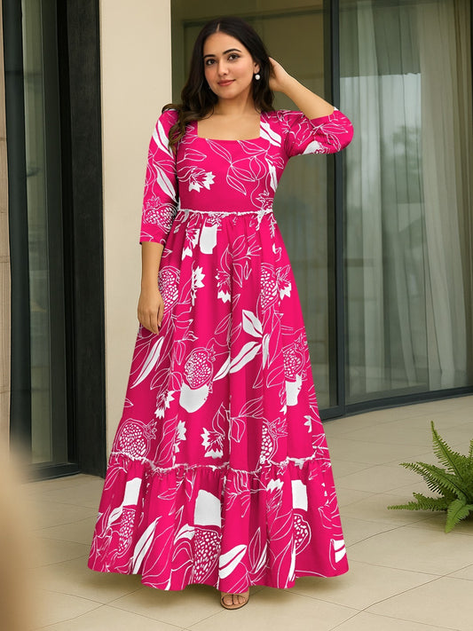 Fuchsia Pomegranate Square-Neck Flare Gown