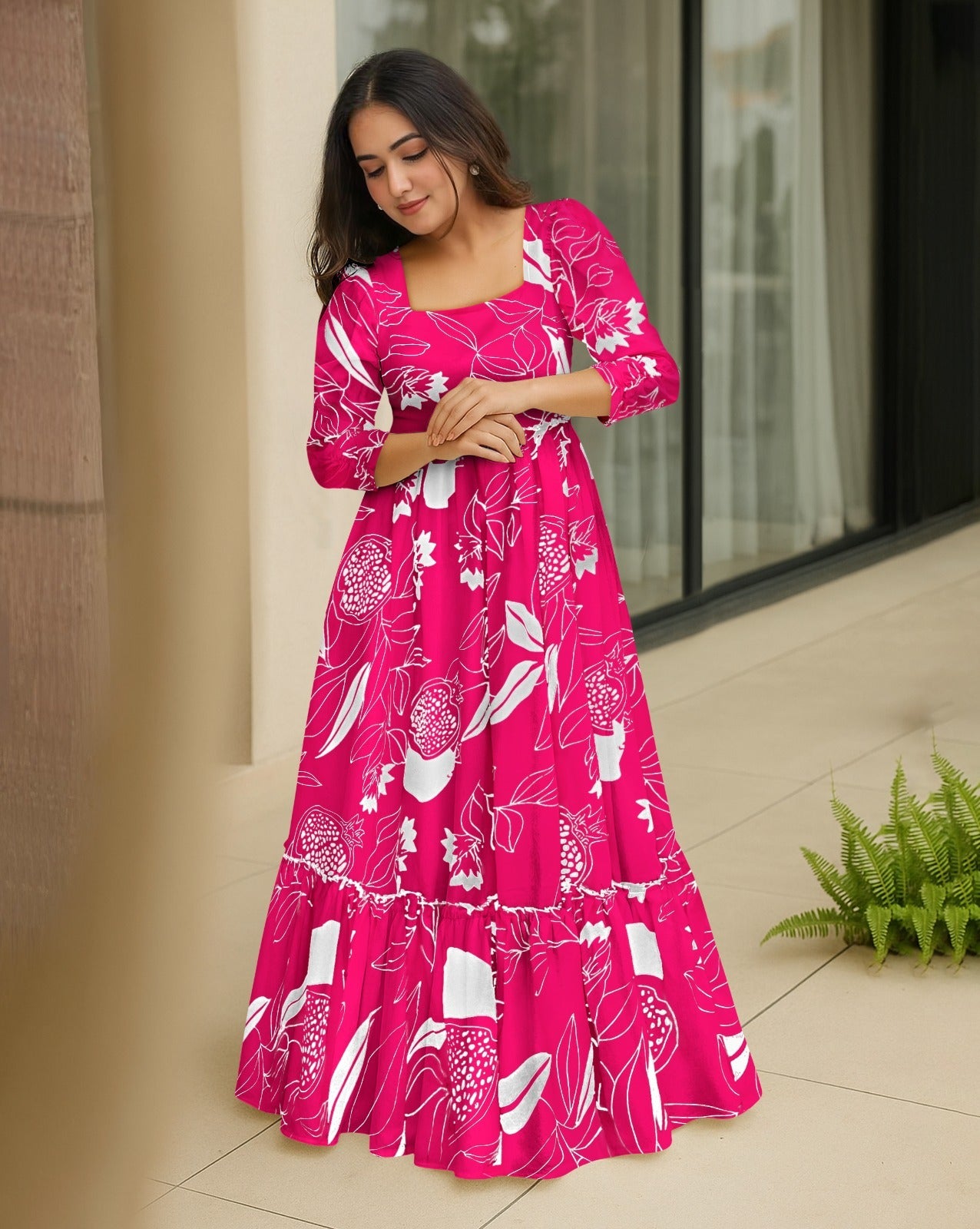 Fuchsia Pomegranate Square-Neck Flare Gown