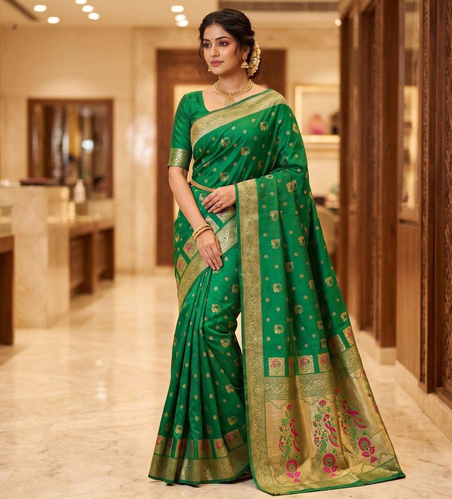 Luminous Emerald Green Silk Saree with Meenakari Peacock Pallu