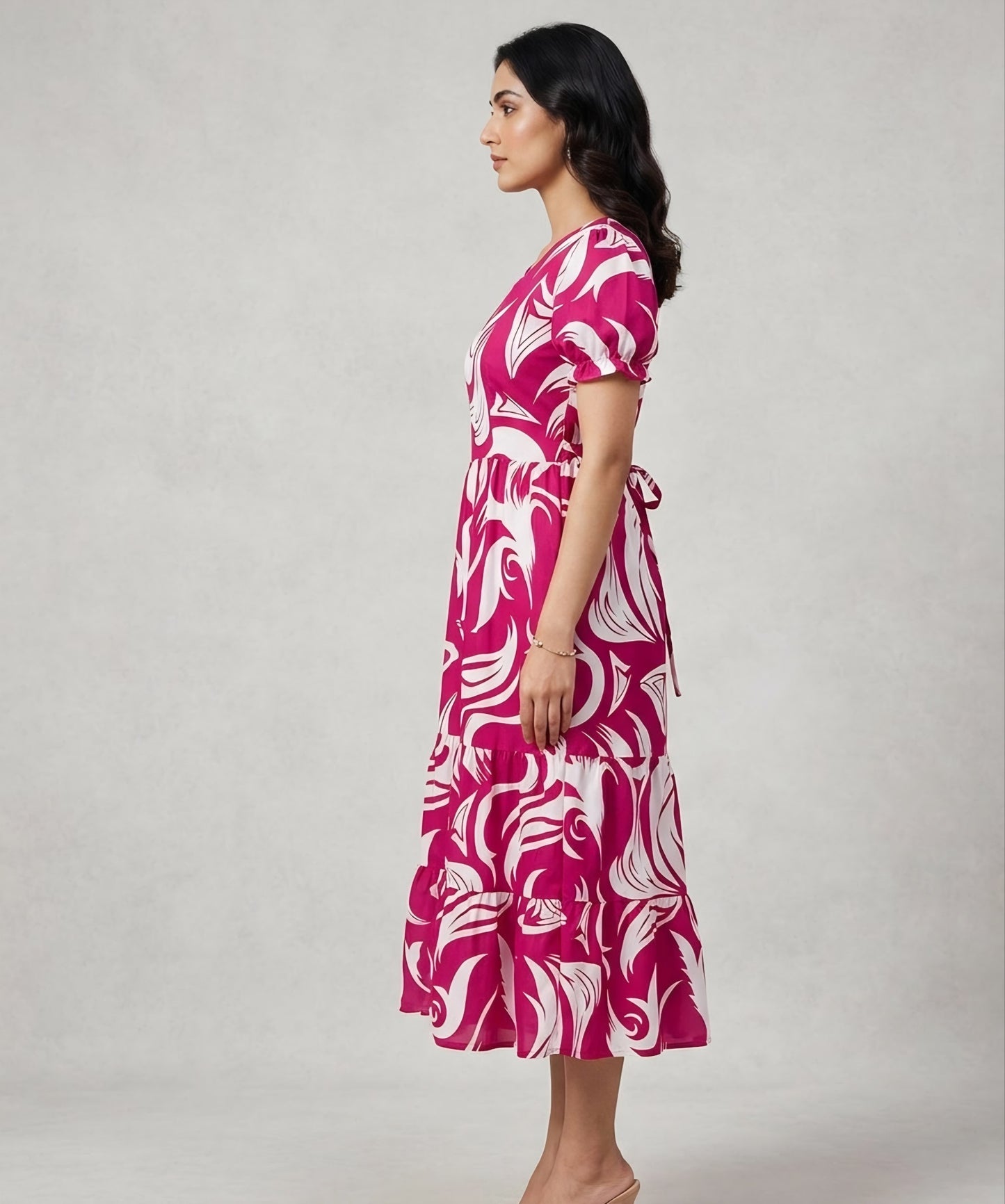 Tropical Swirl Puff-Sleeve Tiered Sundress