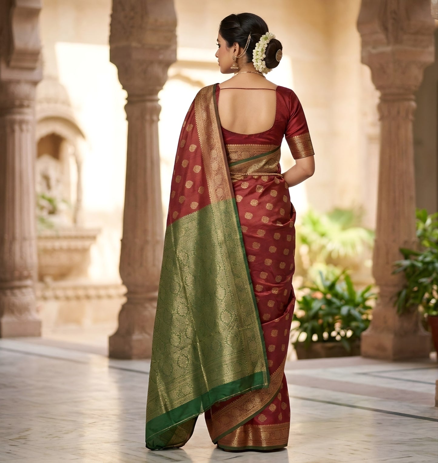 Classic Heritage Maroon & Forest Green Handwoven Silk Saree