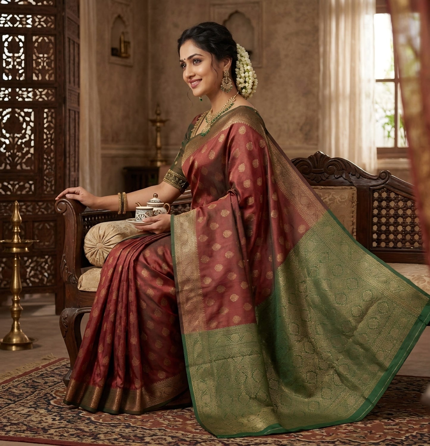 Classic Heritage Maroon & Forest Green Handwoven Silk Saree