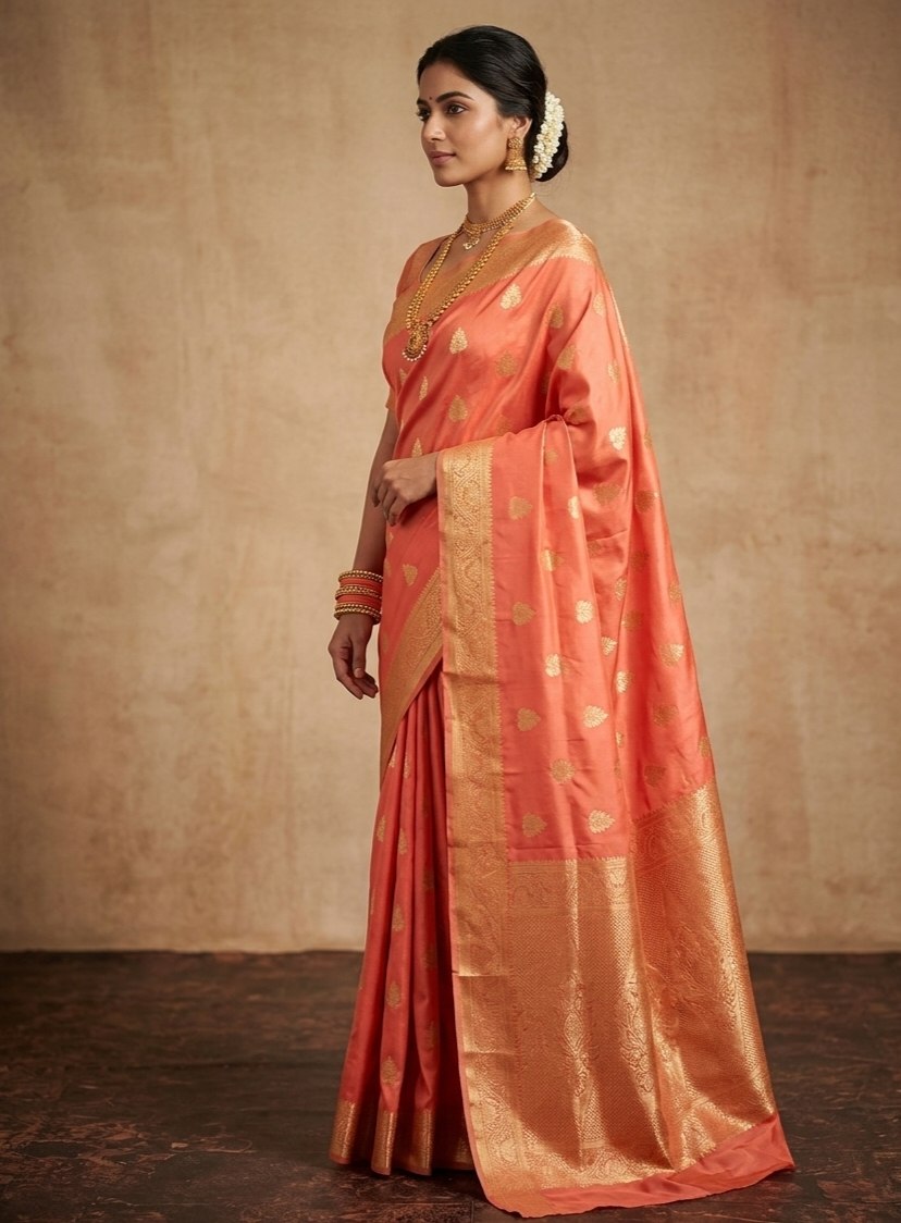 Peach-Coral Woven Silk Saree with Rich Golden Zari Brocade Pallu