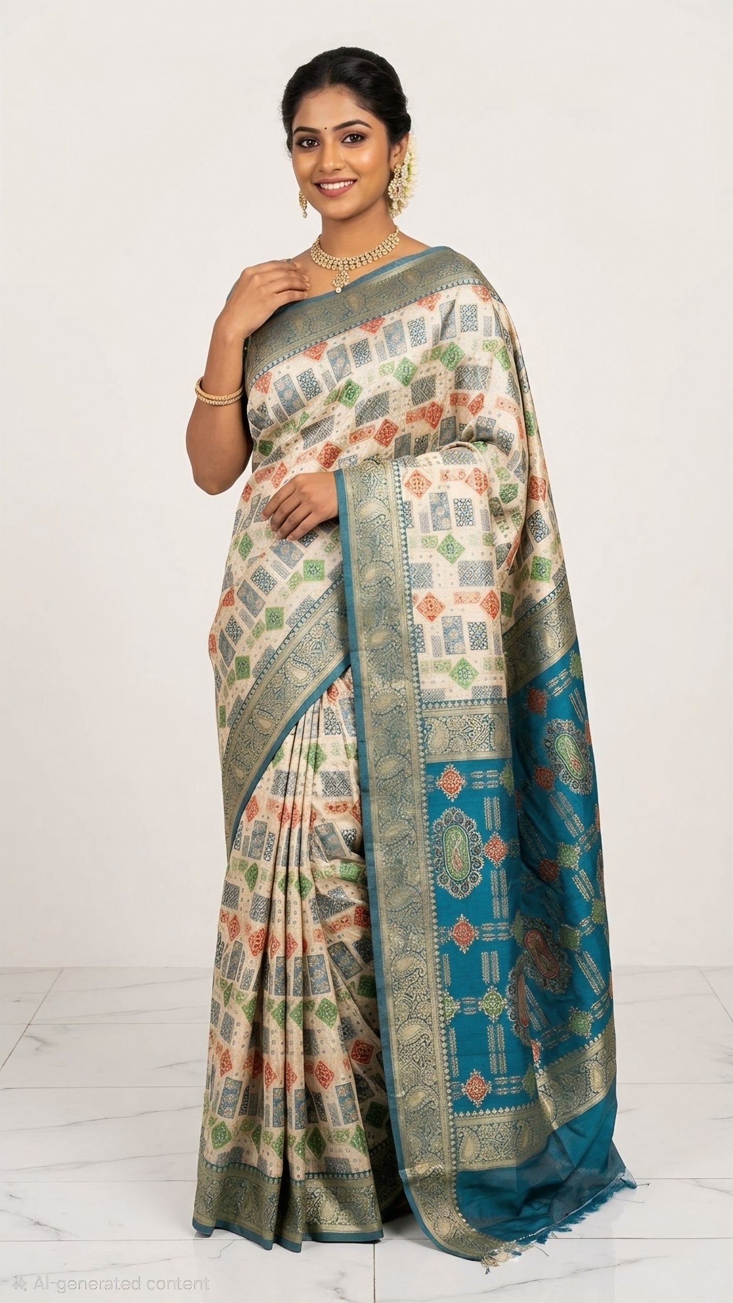 Vibrant Mosaic Cream & Peacock Teal Heritage Silk Saree