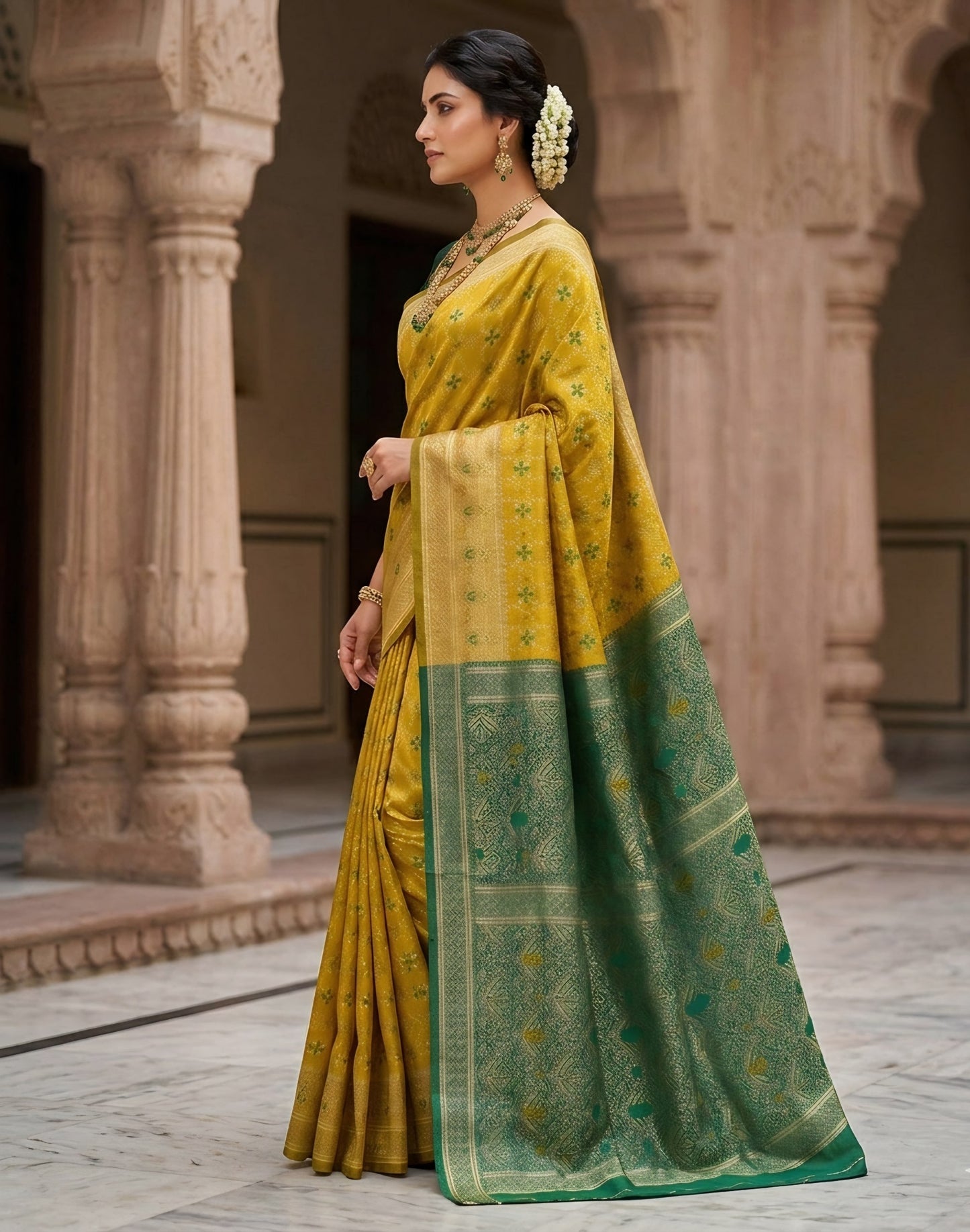 The Royal Mustard Yellow & Emerald Green Kanjivaram Silk Saree