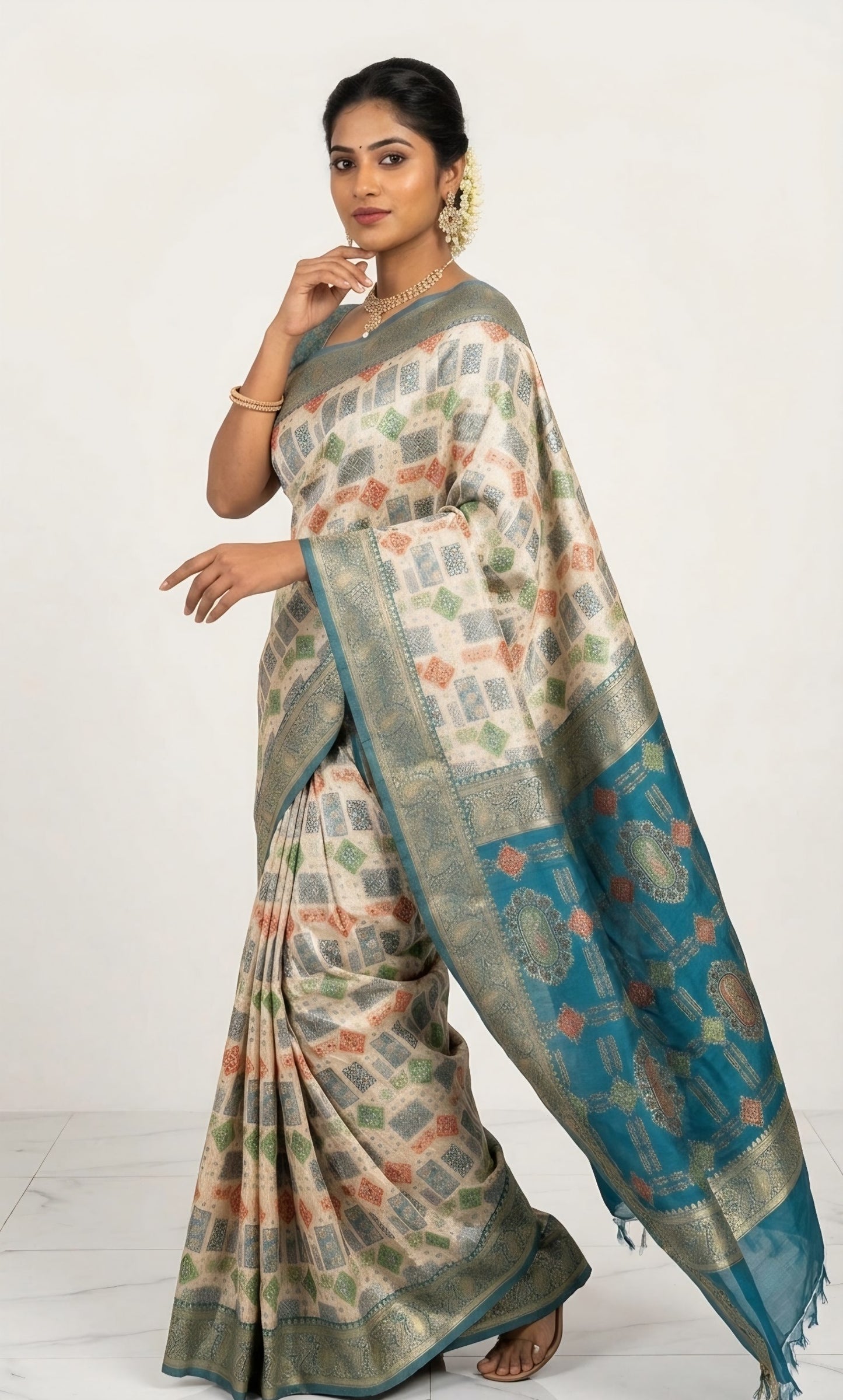 Vibrant Mosaic Cream & Peacock Teal Heritage Silk Saree