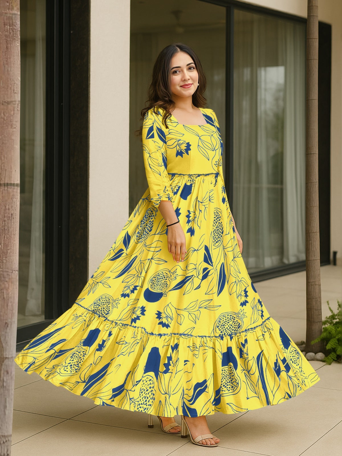 Lush Botanical Square-Neck Tiered Anarkali