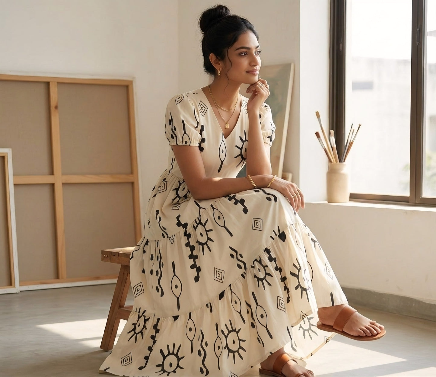 Ivory Celestial Tribal Tiered Midi Dress