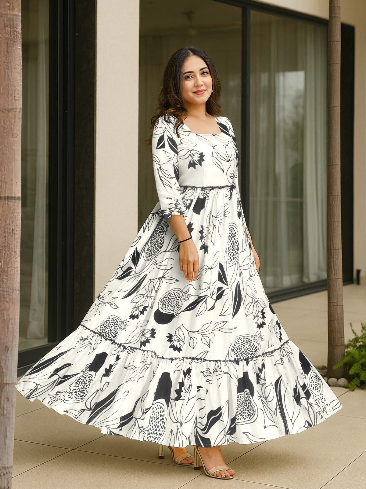 Monochrome Pomegranate Square-Neck Flare Gown