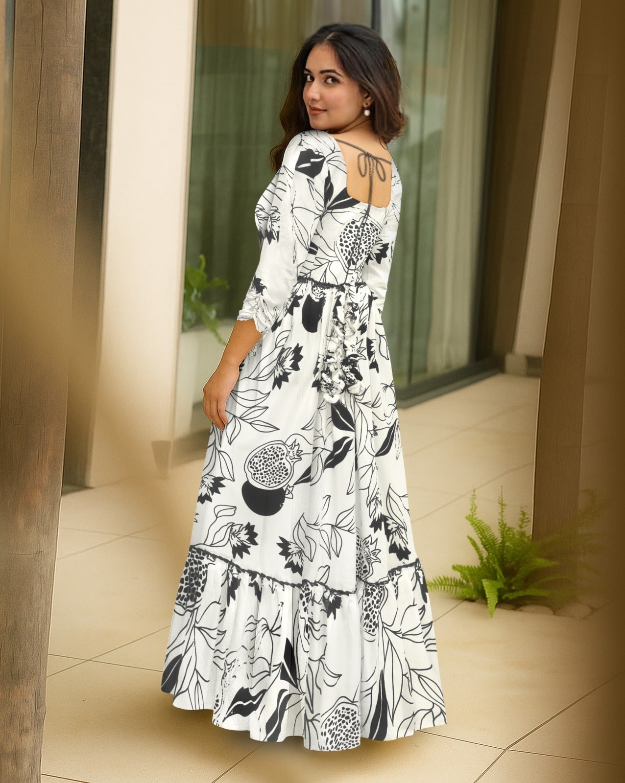 Monochrome Pomegranate Square-Neck Flare Gown