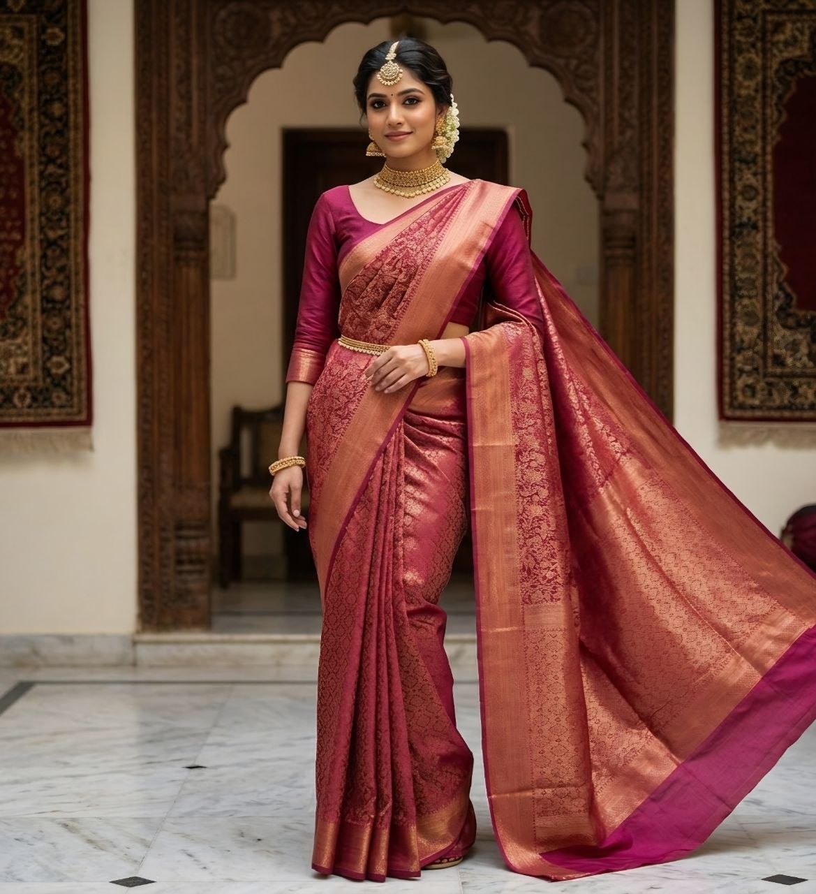 Imperial Rose Magenta Jacquard Silk Saree
