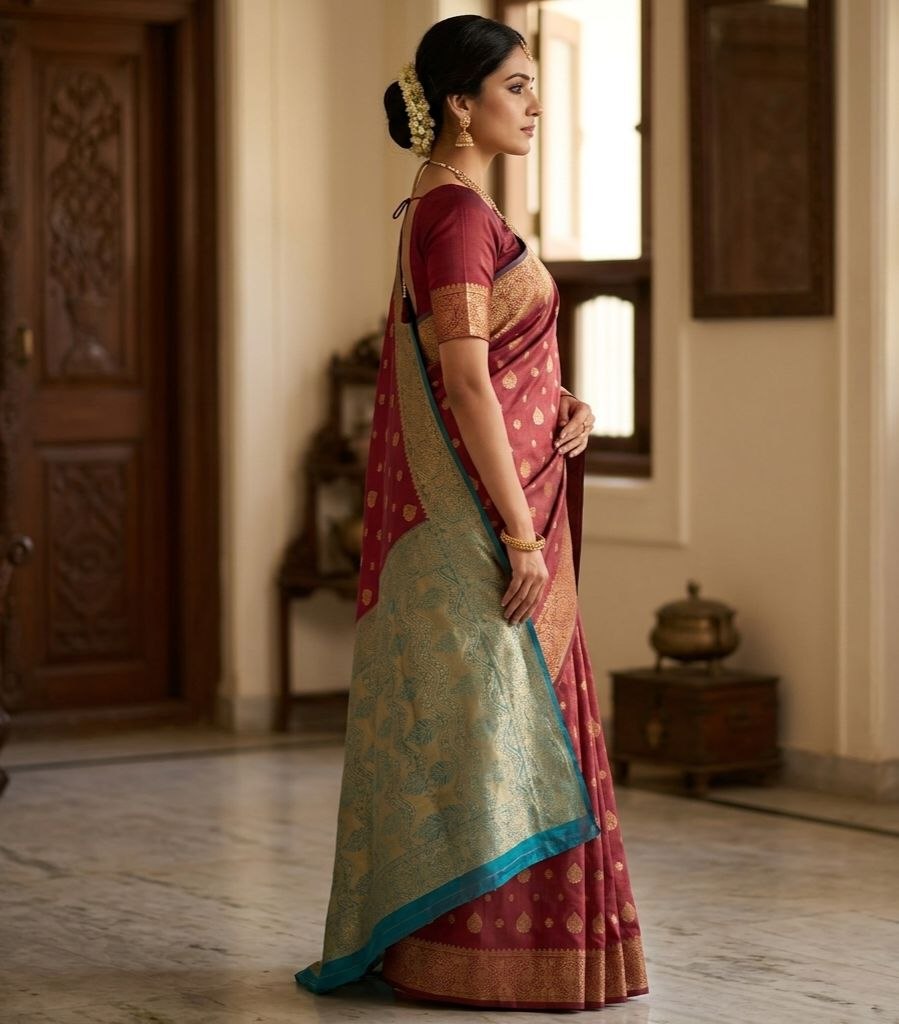 Crimson & Peacock Blue Banarasi Silk Saree