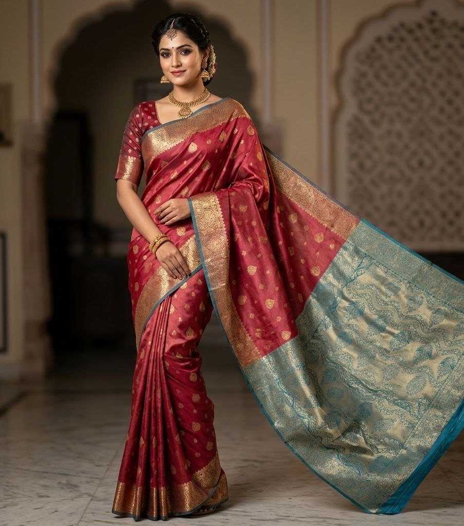Crimson & Peacock Blue Banarasi Silk Saree