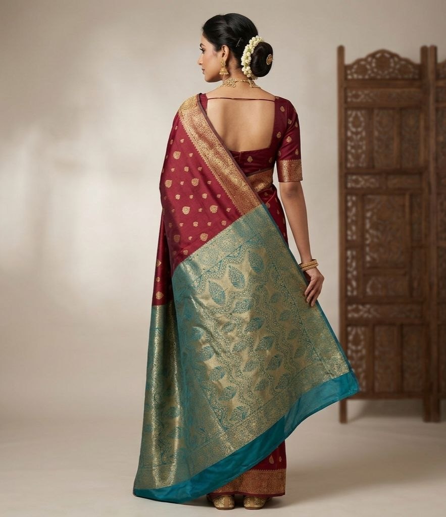 Crimson & Peacock Blue Banarasi Silk Saree