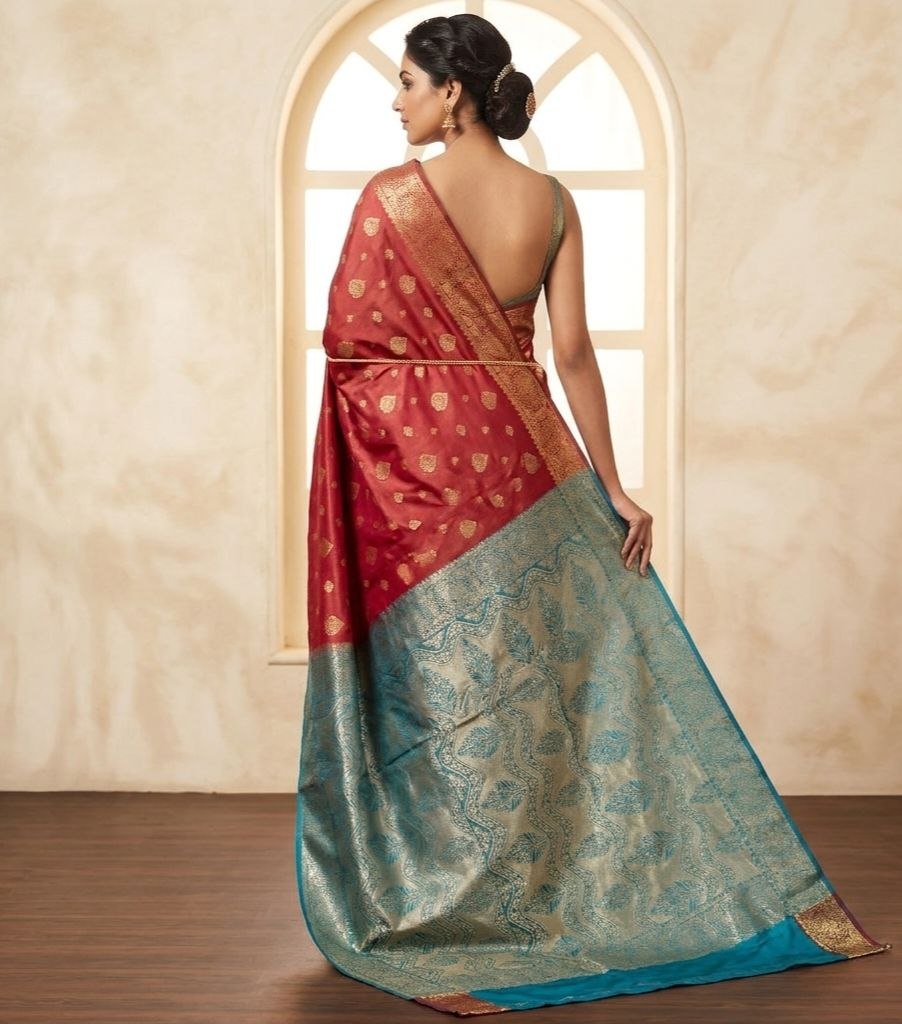 Crimson & Peacock Blue Banarasi Silk Saree