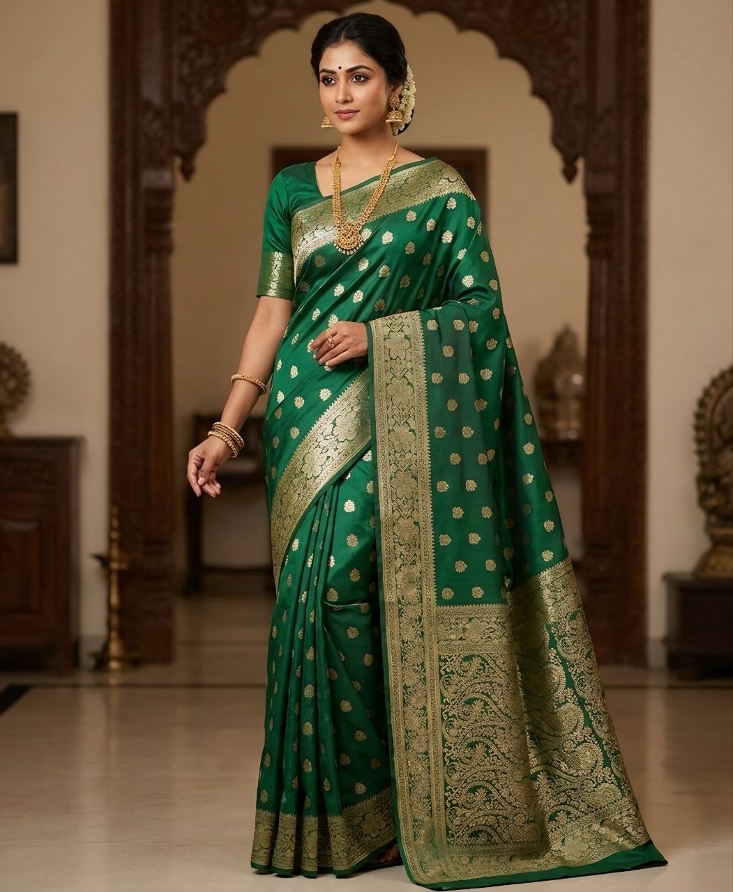 Regal Emerald Kanjivaram Style Banarasi Silk Saree