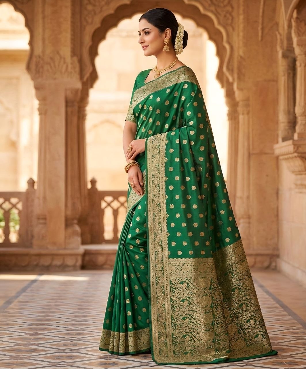 Regal Emerald Kanjivaram Style Banarasi Silk Saree