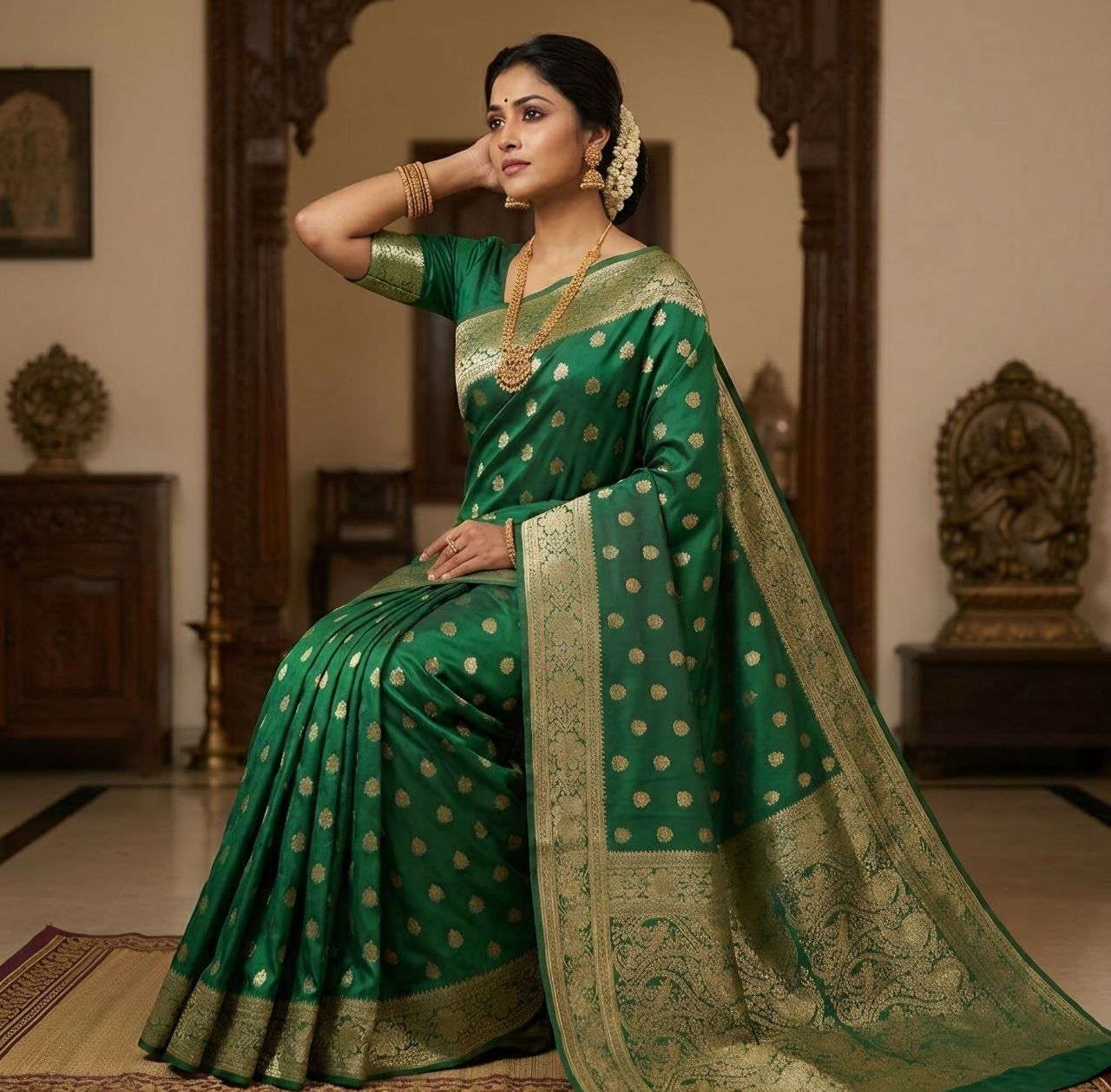 Regal Emerald Kanjivaram Style Banarasi Silk Saree