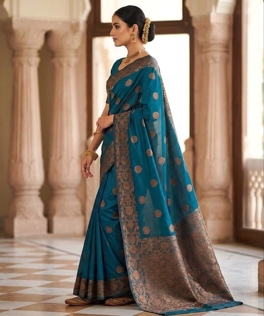 Blue Art Silk Zari Woven Saree With Blouse Piece For Women