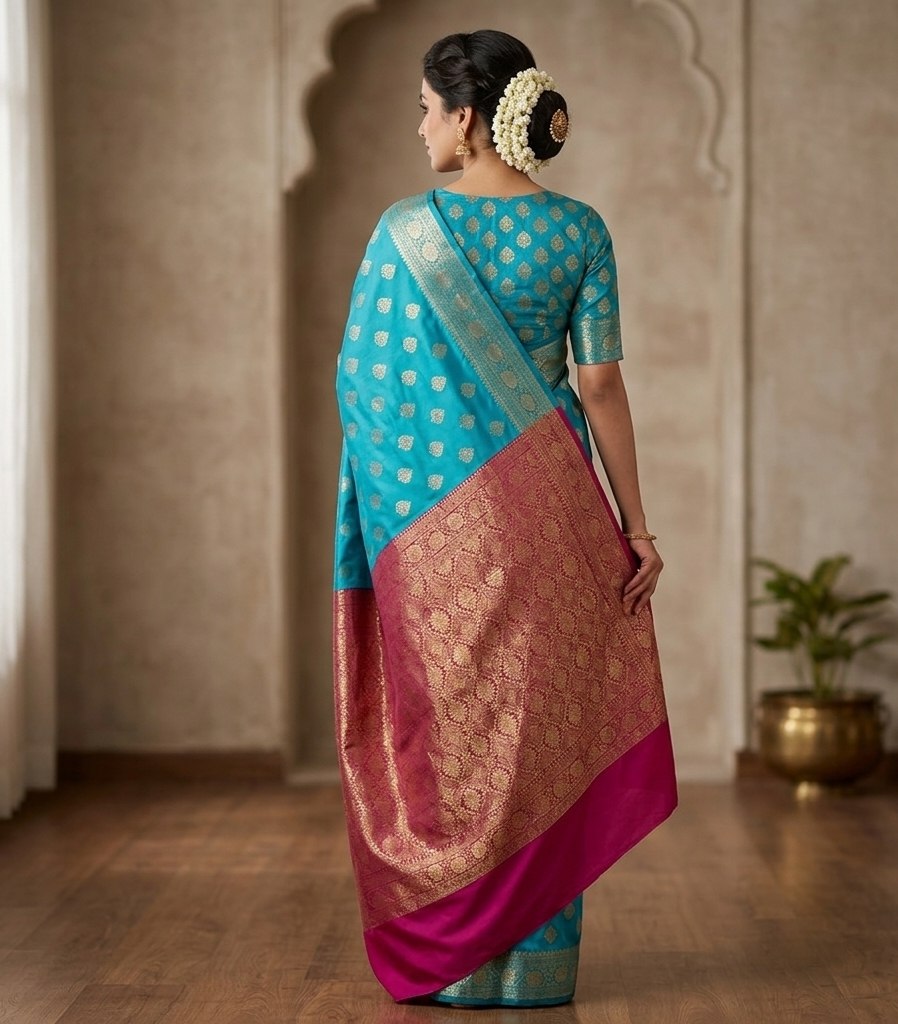 Heritage Turquoise Blue & Crimson Woven Silk Saree