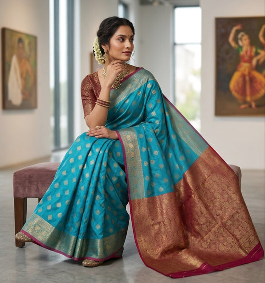 Heritage Turquoise Blue & Crimson Woven Silk Saree
