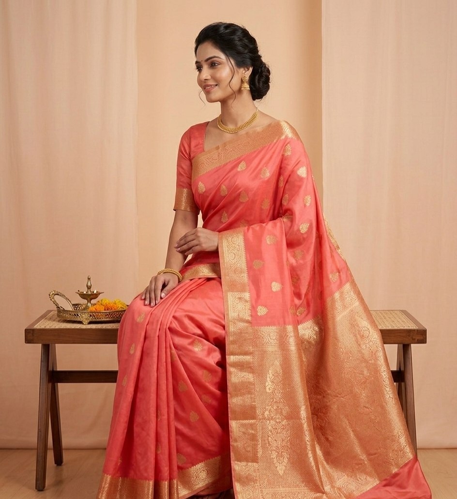 Peach-Coral Woven Silk Saree with Rich Golden Zari Brocade Pallu