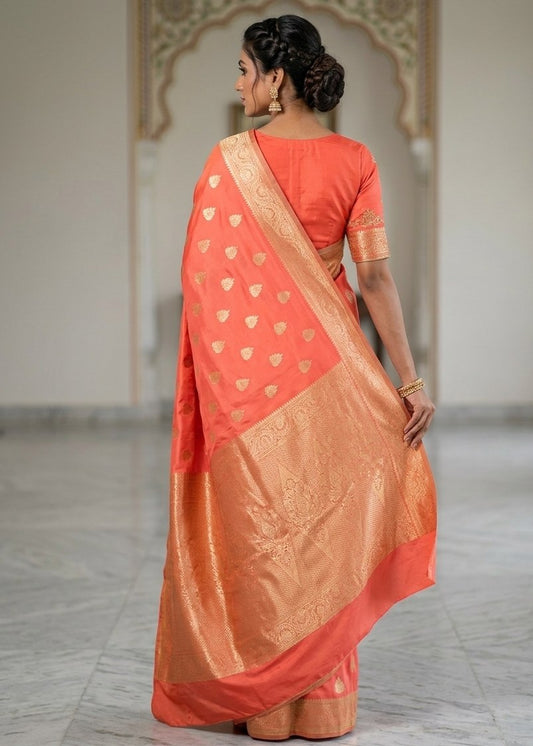 Peach-Coral Woven Silk Saree with Rich Golden Zari Brocade Pallu