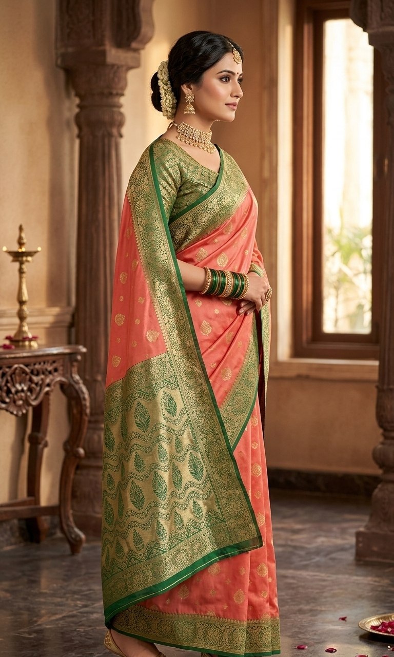 Vibrant Peach-Pink Silk Saree with Contrast Green & Gold Zari Pallu