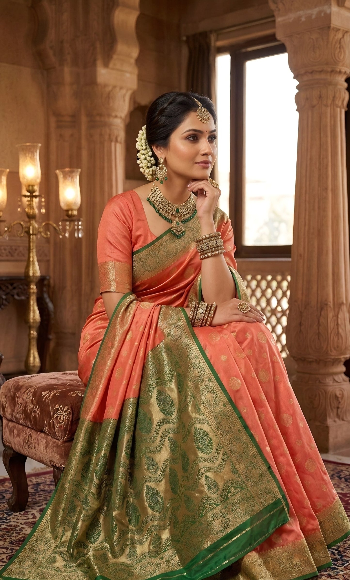 Vibrant Peach-Pink Silk Saree with Contrast Green & Gold Zari Pallu