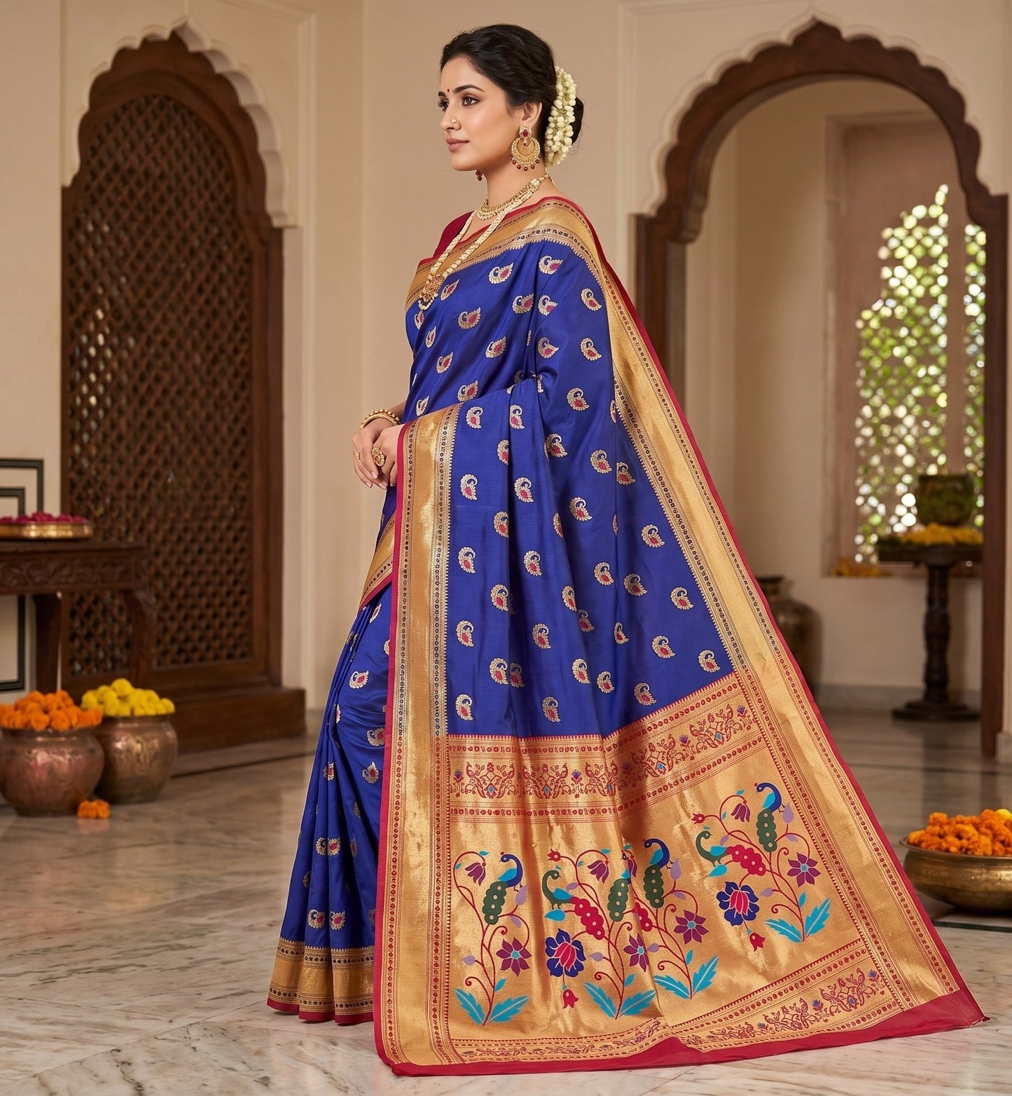The Royal Blue & Crimson Paithani-Style Silk Saree
