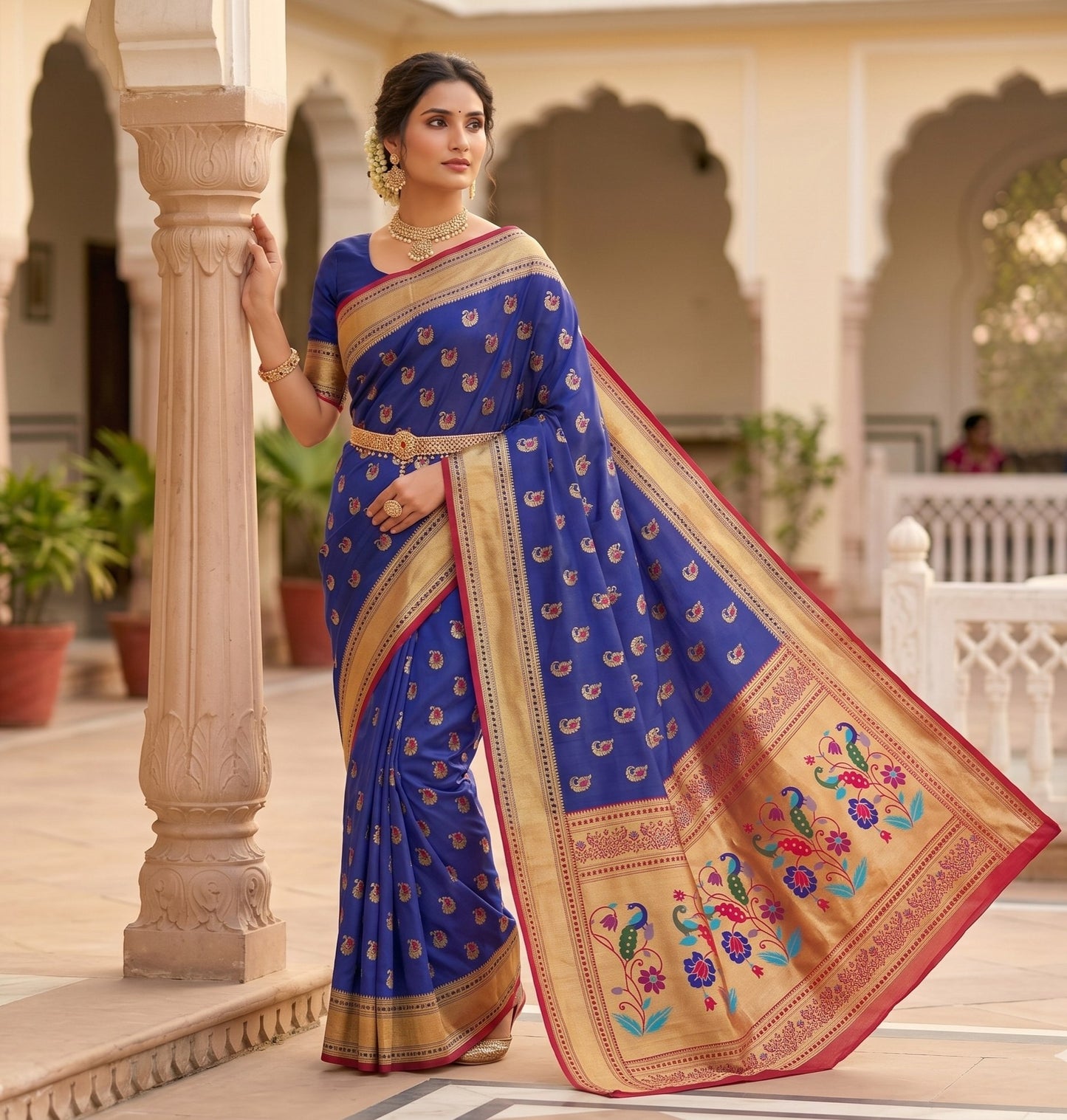 The Royal Blue & Crimson Paithani-Style Silk Saree