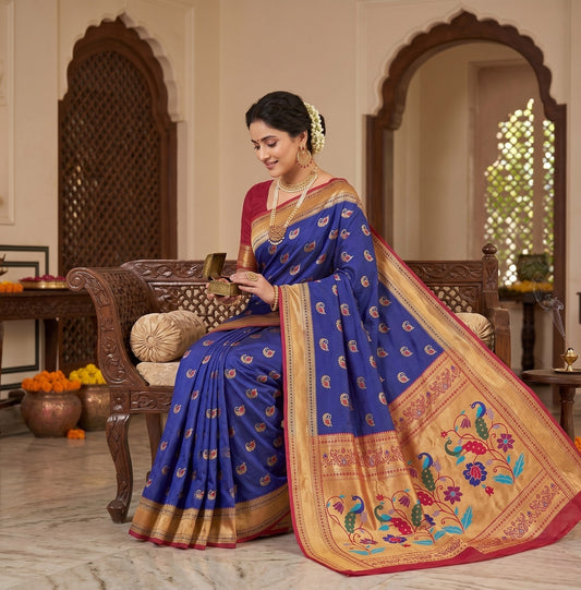 The Royal Blue & Crimson Paithani-Style Silk Saree