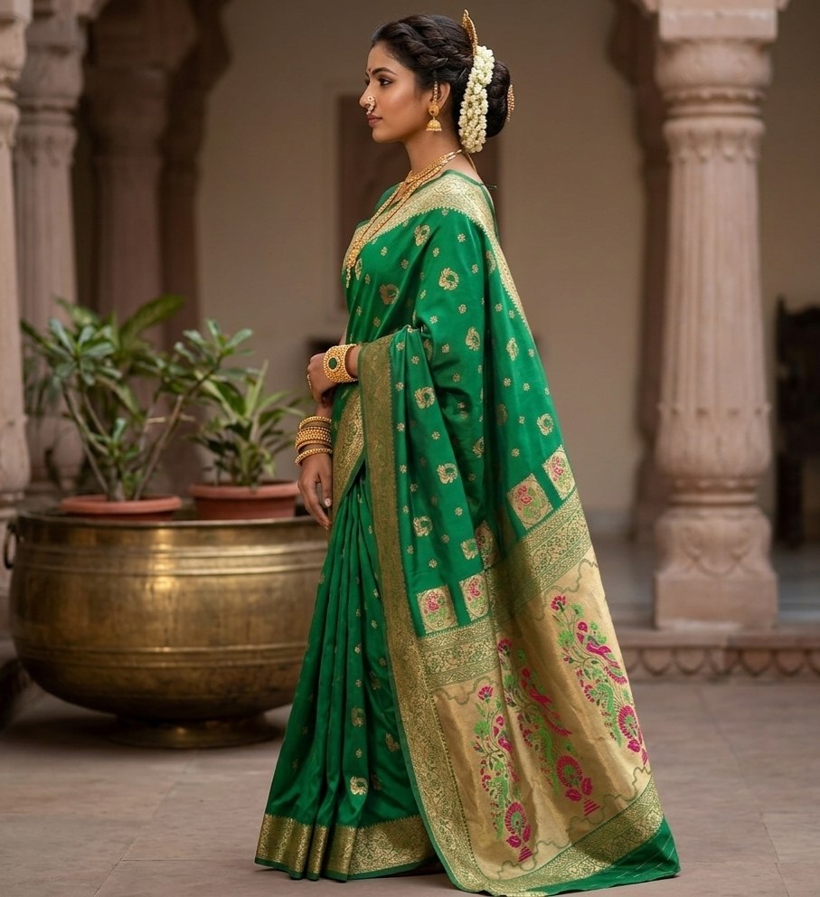 Luminous Emerald Green Silk Saree with Meenakari Peacock Pallu