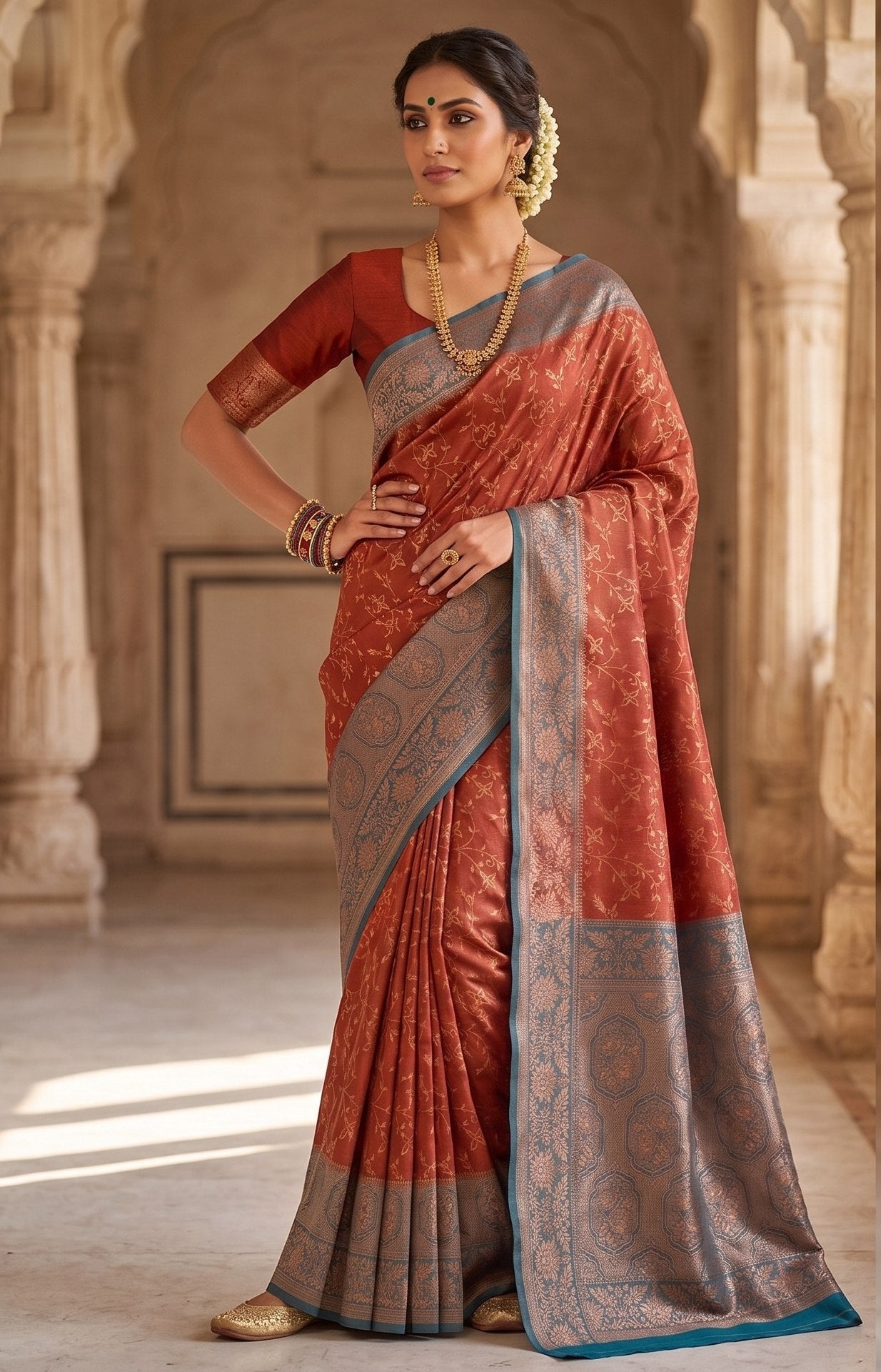 The Rust Copper & Peacock Teal Jacquard Silk Saree