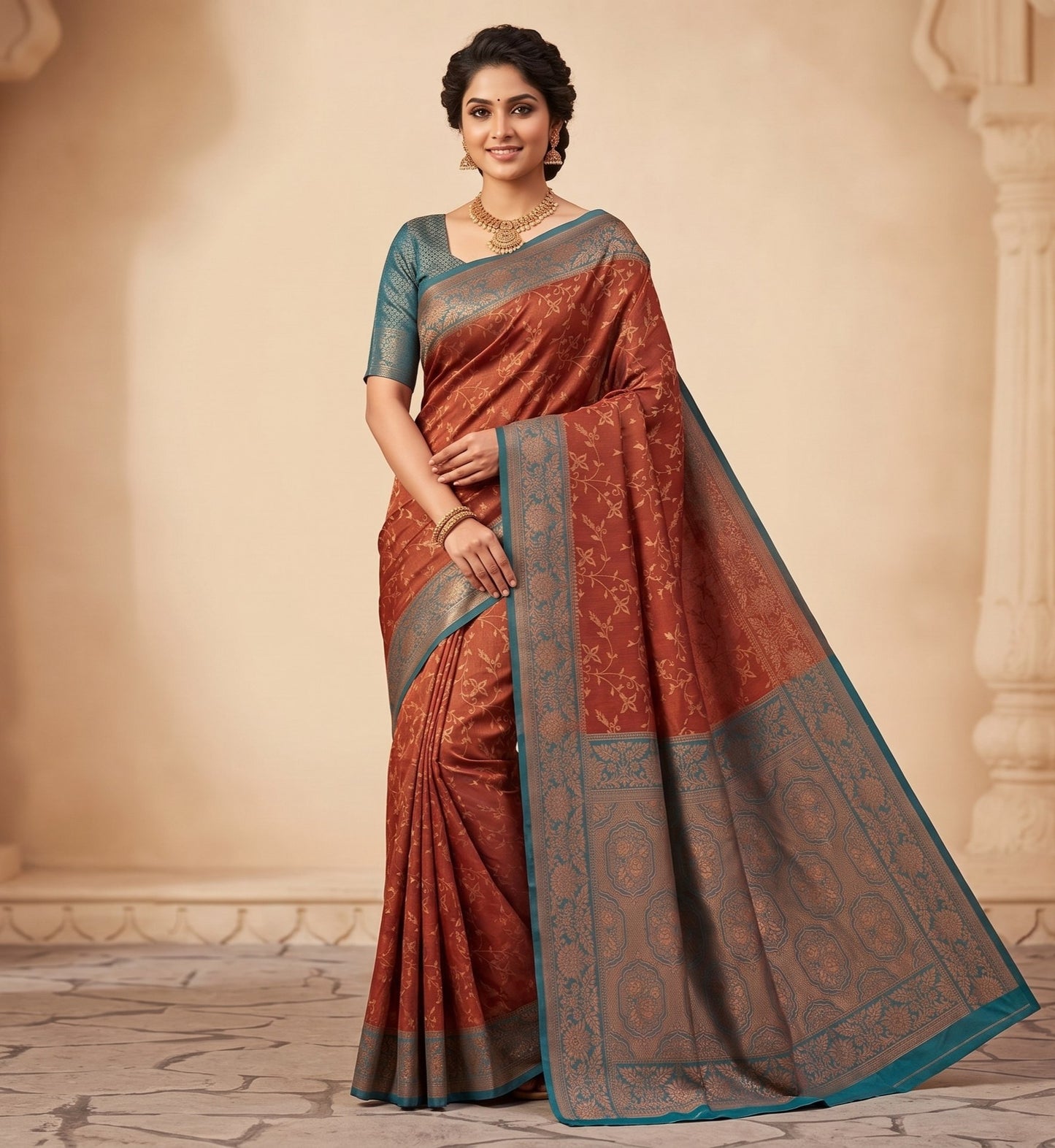 The Rust Copper & Peacock Teal Jacquard Silk Saree