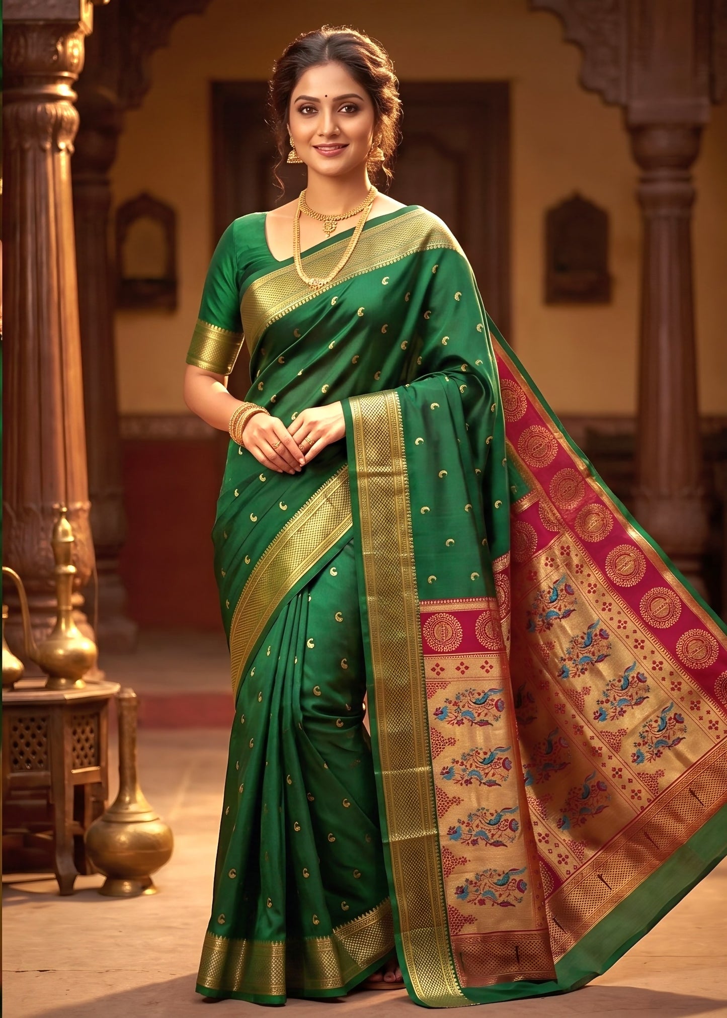 The Royal Emerald Green & Magenta Paithani-Style Silk Saree