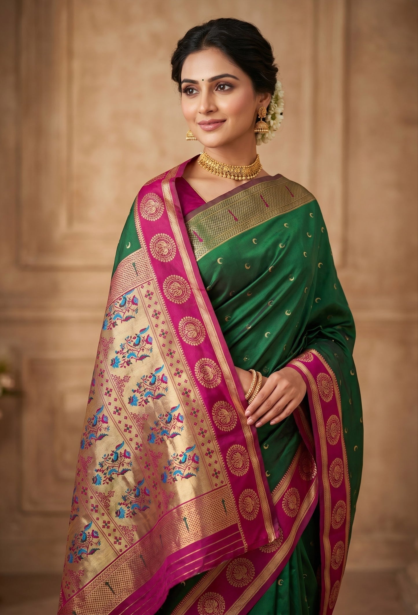 The Royal Emerald Green & Magenta Paithani-Style Silk Saree