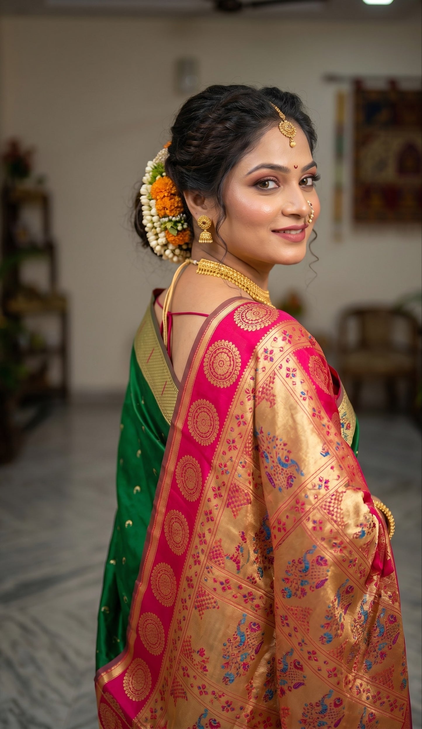 The Royal Emerald Green & Magenta Paithani-Style Silk Saree