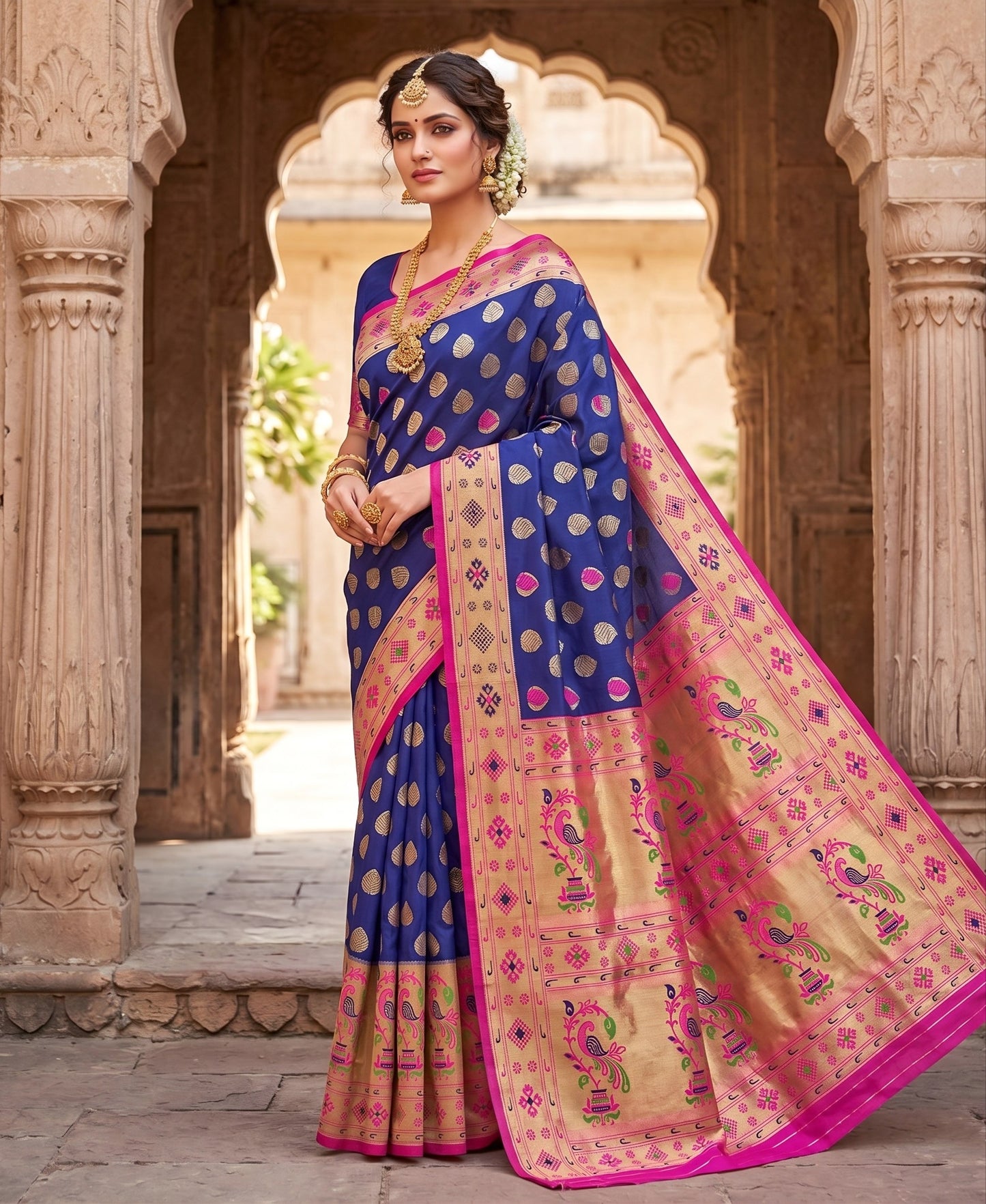 The Royal Royal Blue & Magenta Paithani-Style Silk Saree