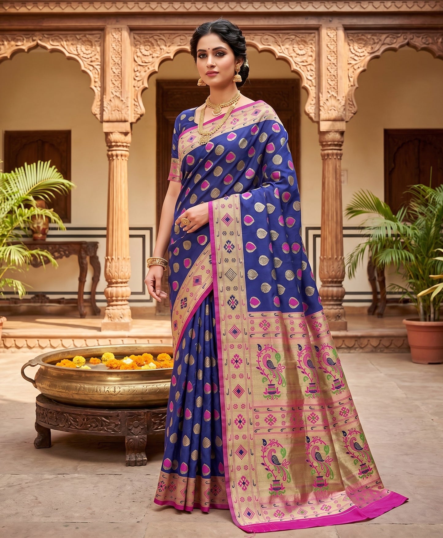 The Royal Royal Blue & Magenta Paithani-Style Silk Saree
